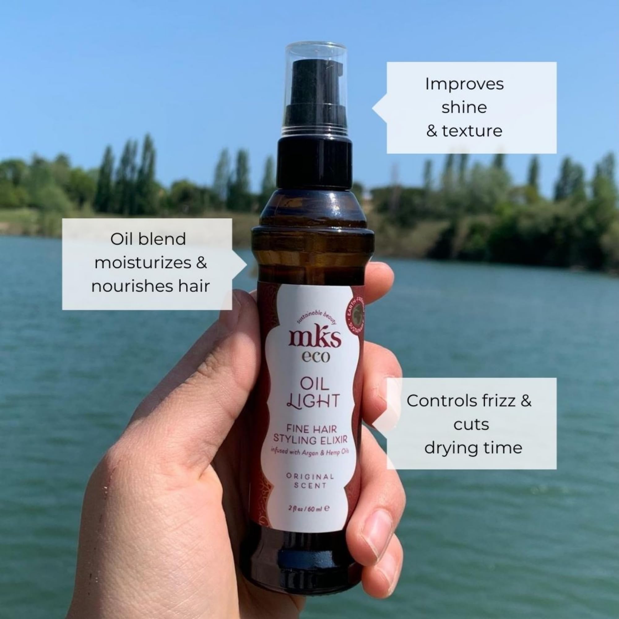 Earthly Body MKS Eco Hair Styling Elixir enhances shine and manageability of hair.
