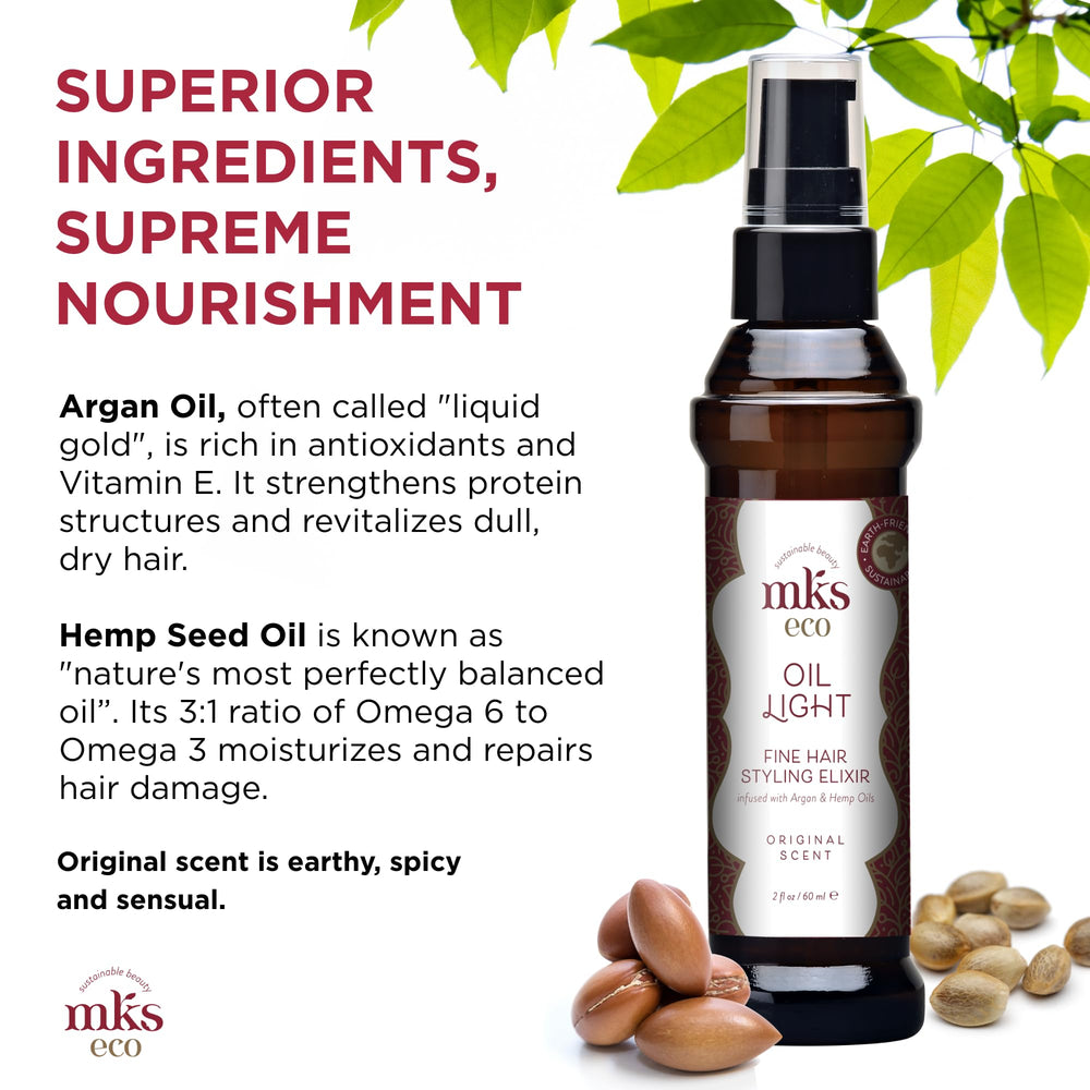 Earthly Body MKS Eco Hair Styling Elixir glass bottle conveys daily-use hydration for fine hair.