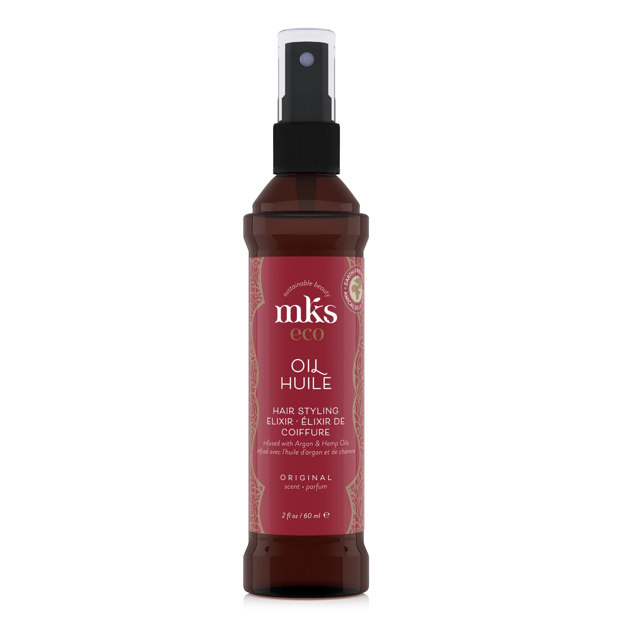 Earthly Body MKS Eco Oil Original bottle demonstrates nourishing hair care that helps tame frizz.