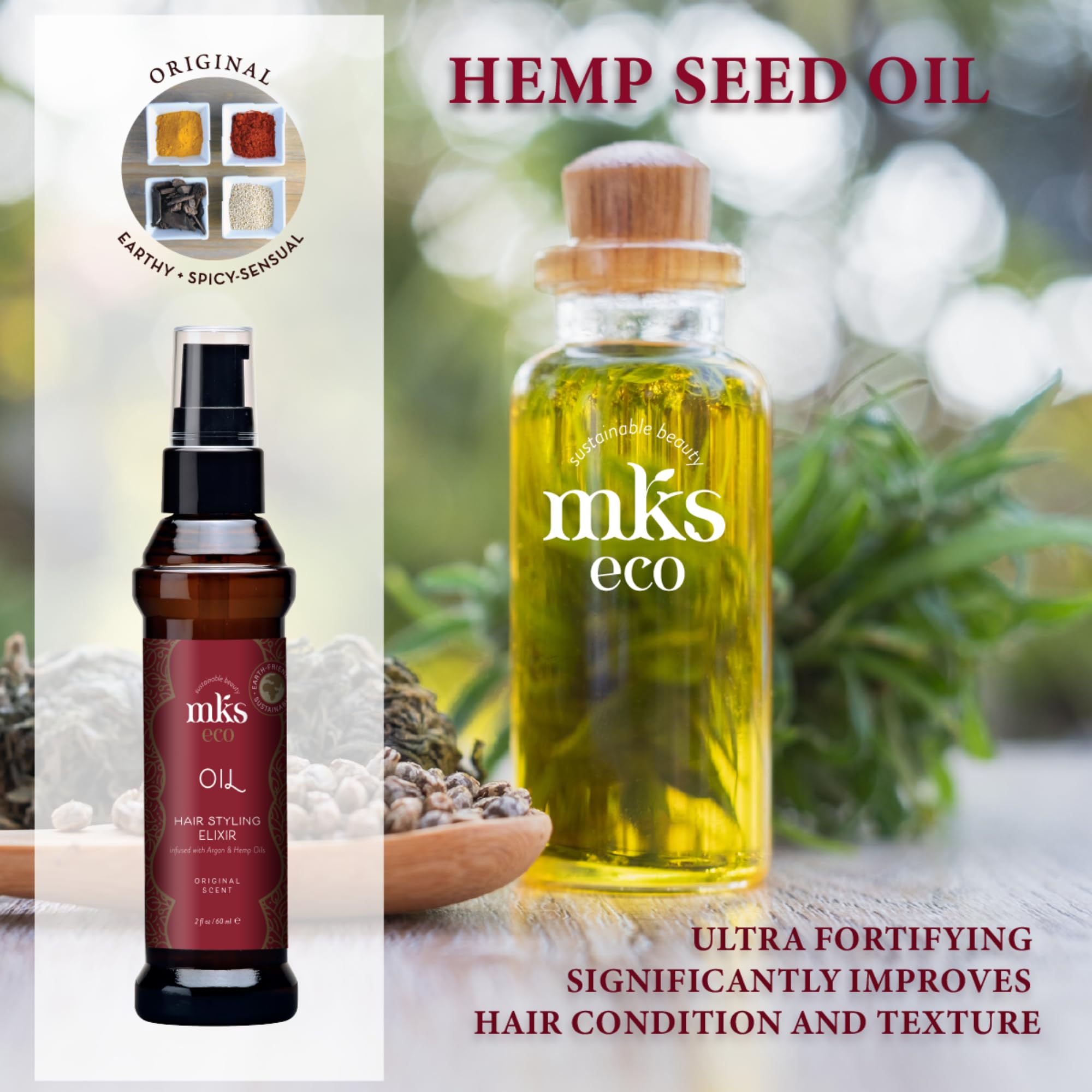 Earthly Body MKS Eco Oil Original hemp-seed detail signals lasting moisture for hair.