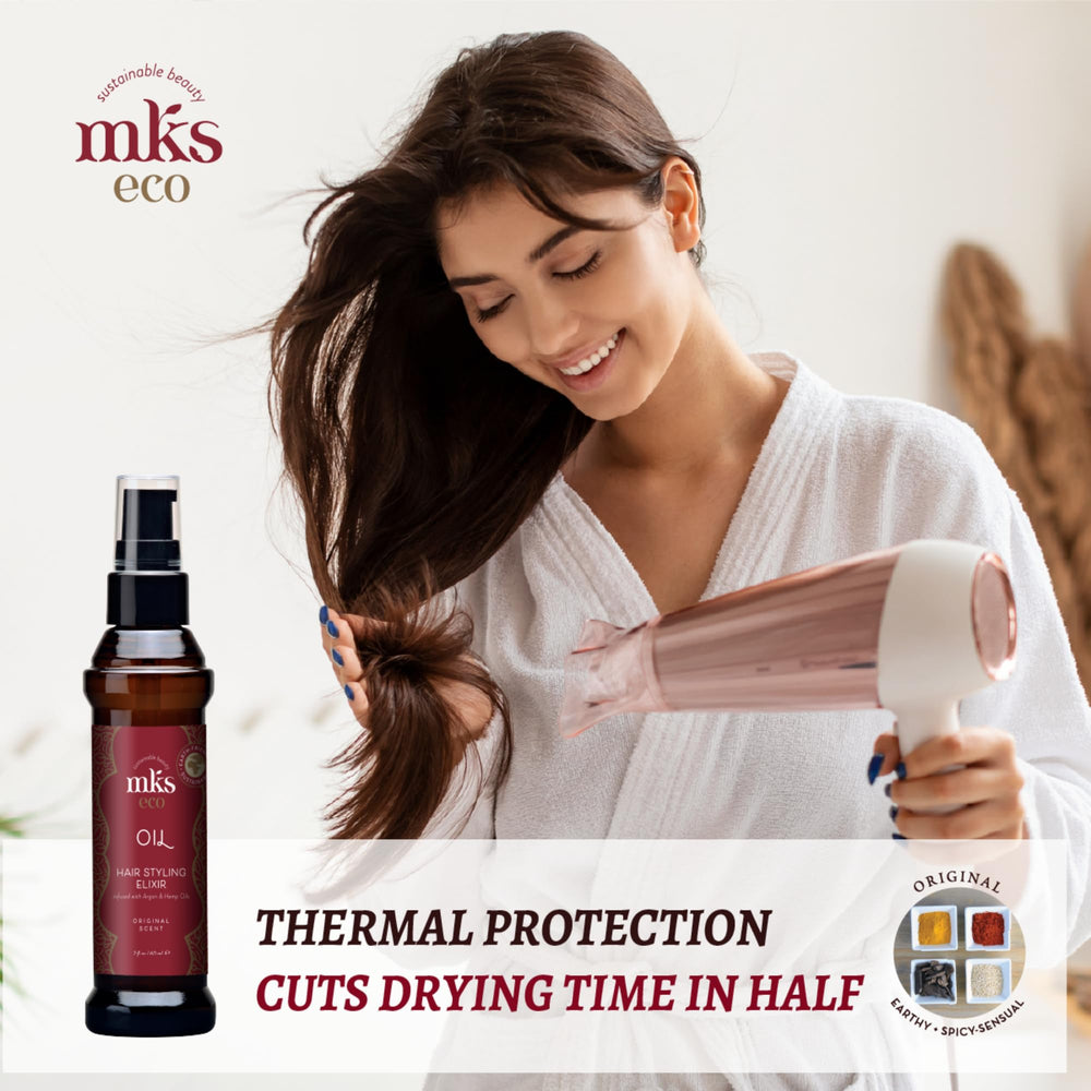 Earthly Body MKS Eco Oil Original smooth-hair closeup suggests silky, manageable texture after use.