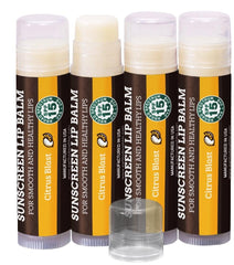 Earth's Daughter SPF Lip Balm 4-pack Citrus packshot highlights convenient lip protection.