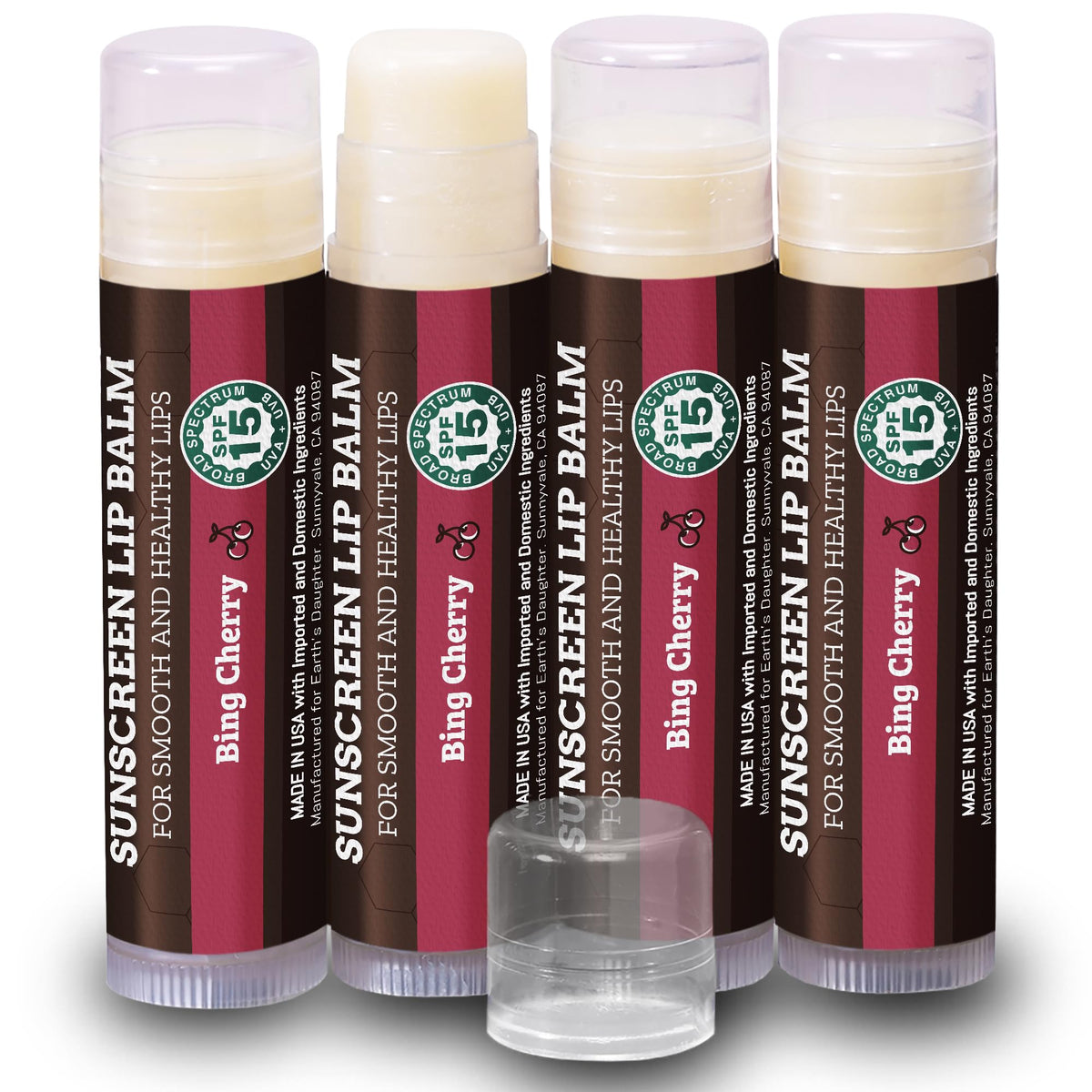 Earth's Daughter SPF Lip Balm Cherry Flavor 4-Pack packaging shown with recyclable tubes for easy sun protection.