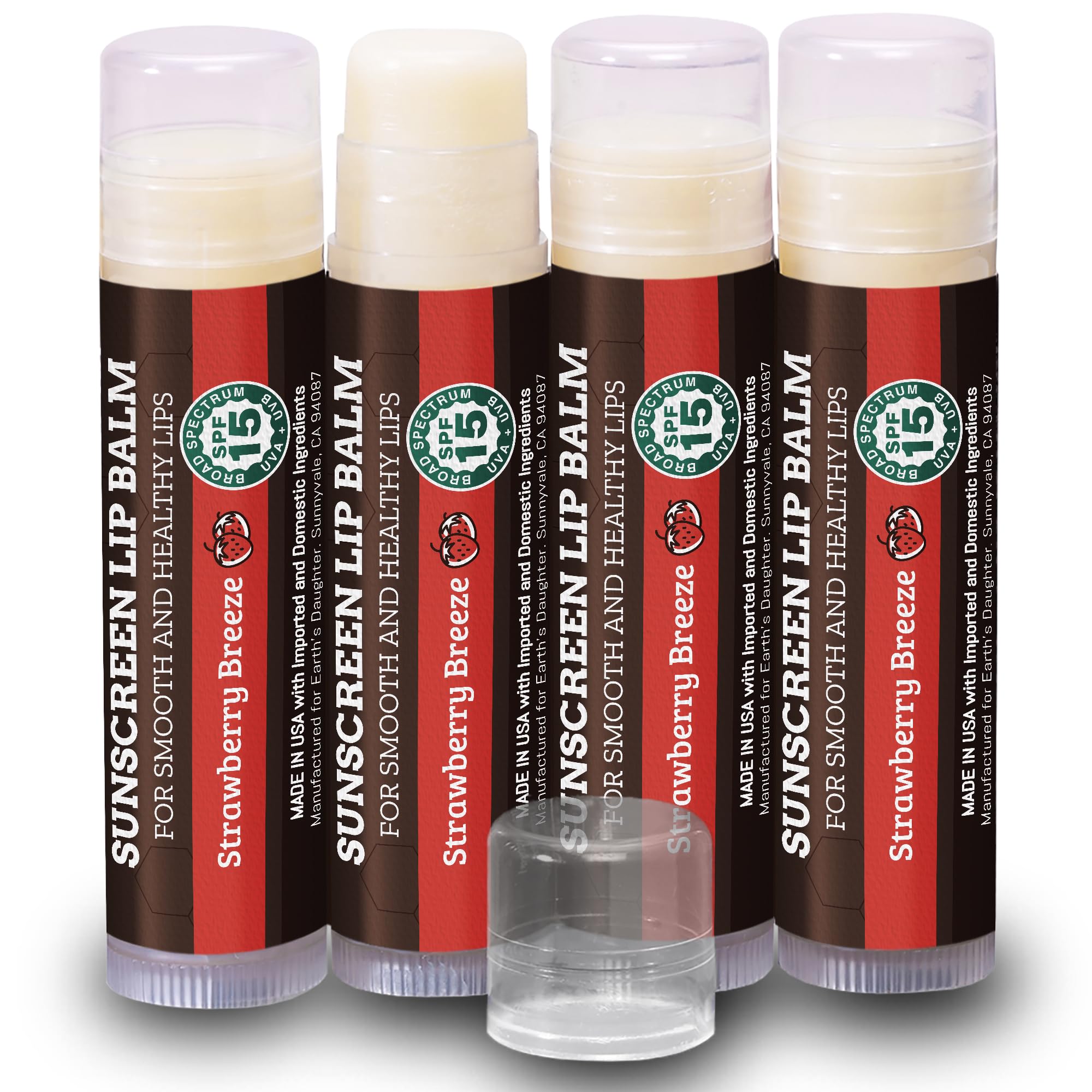 Earth's Daughter SPF Lip Balm Strawberry 4-pack packaging shows eco-friendly design for gifting.