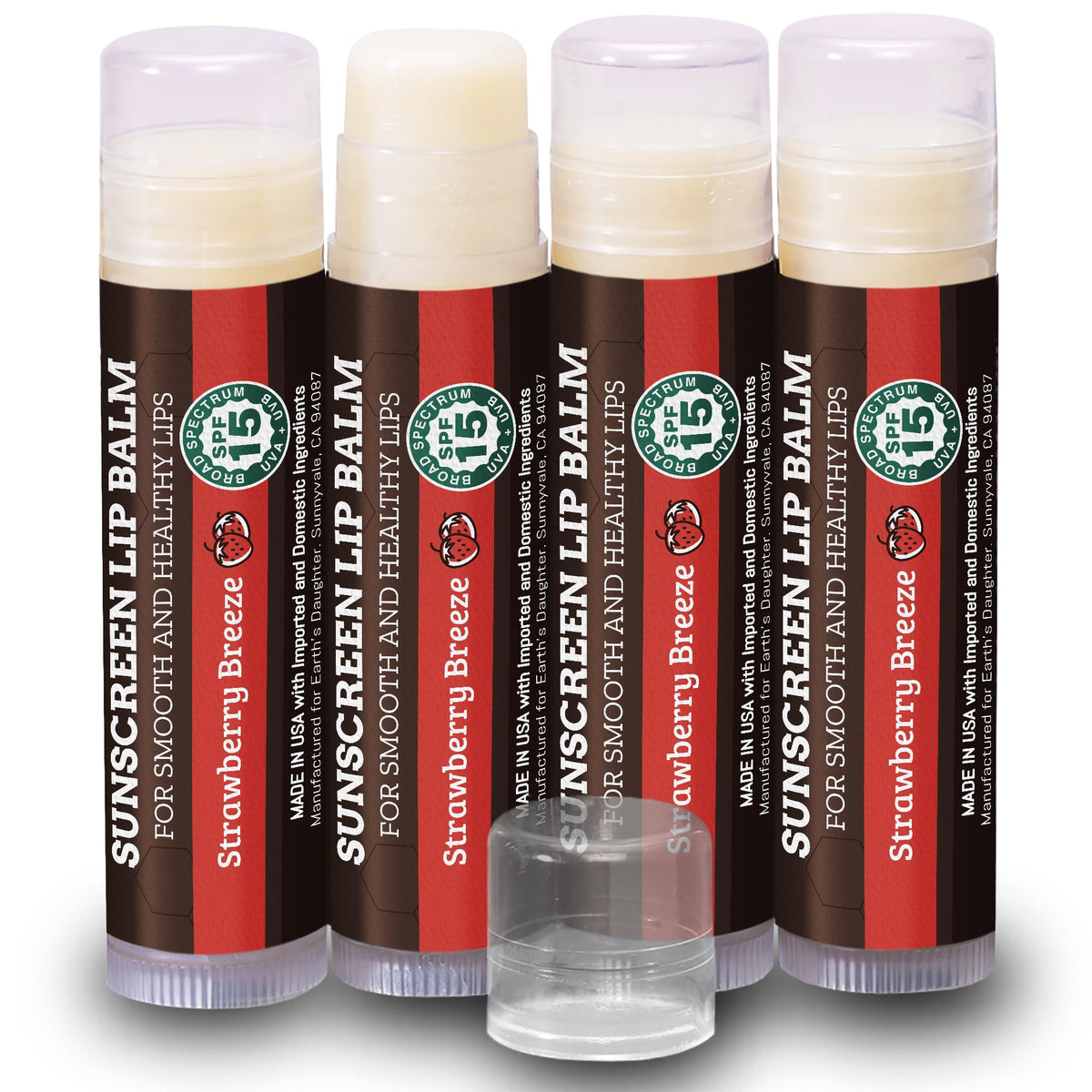 Earth's Daughter SPF Lip Balm Strawberry 4-pack packaging shows eco-friendly design for gifting.