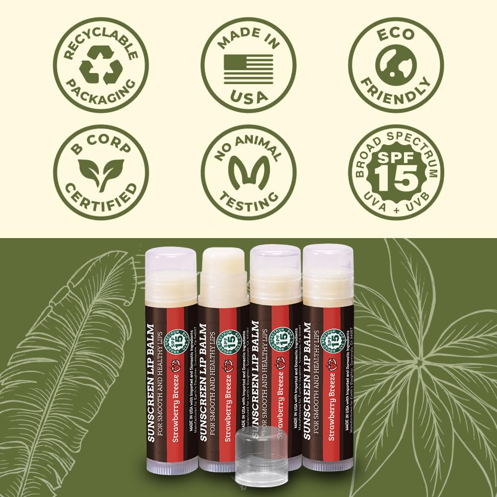 Earth's Daughter SPF Lip Balm Strawberry sunscreen film on lips suggests UVA/UVB coverage.