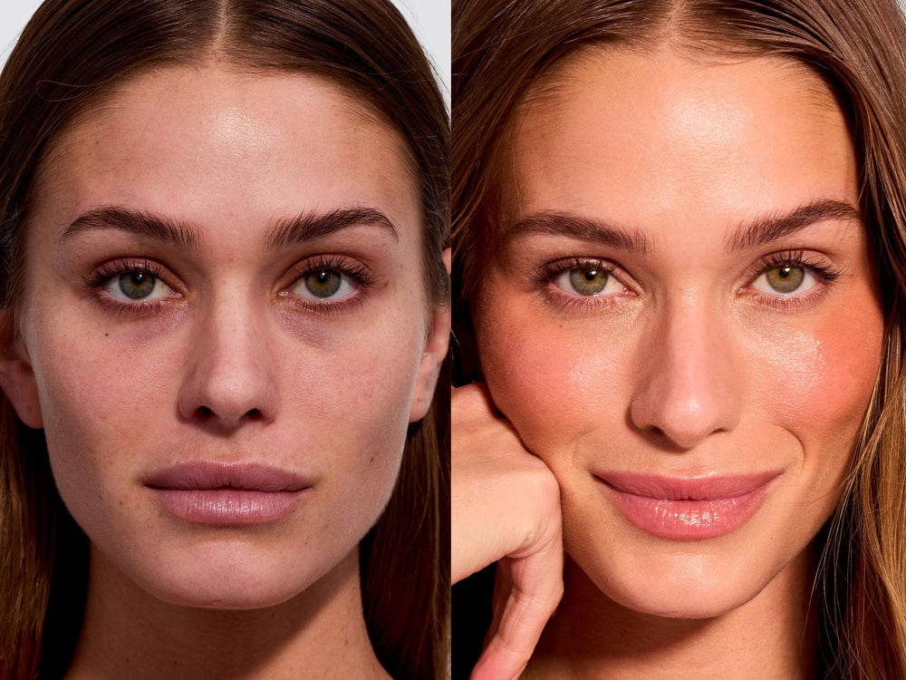 EarthsCure Glow Trio blush stick close-up with natural flush and cream texture.