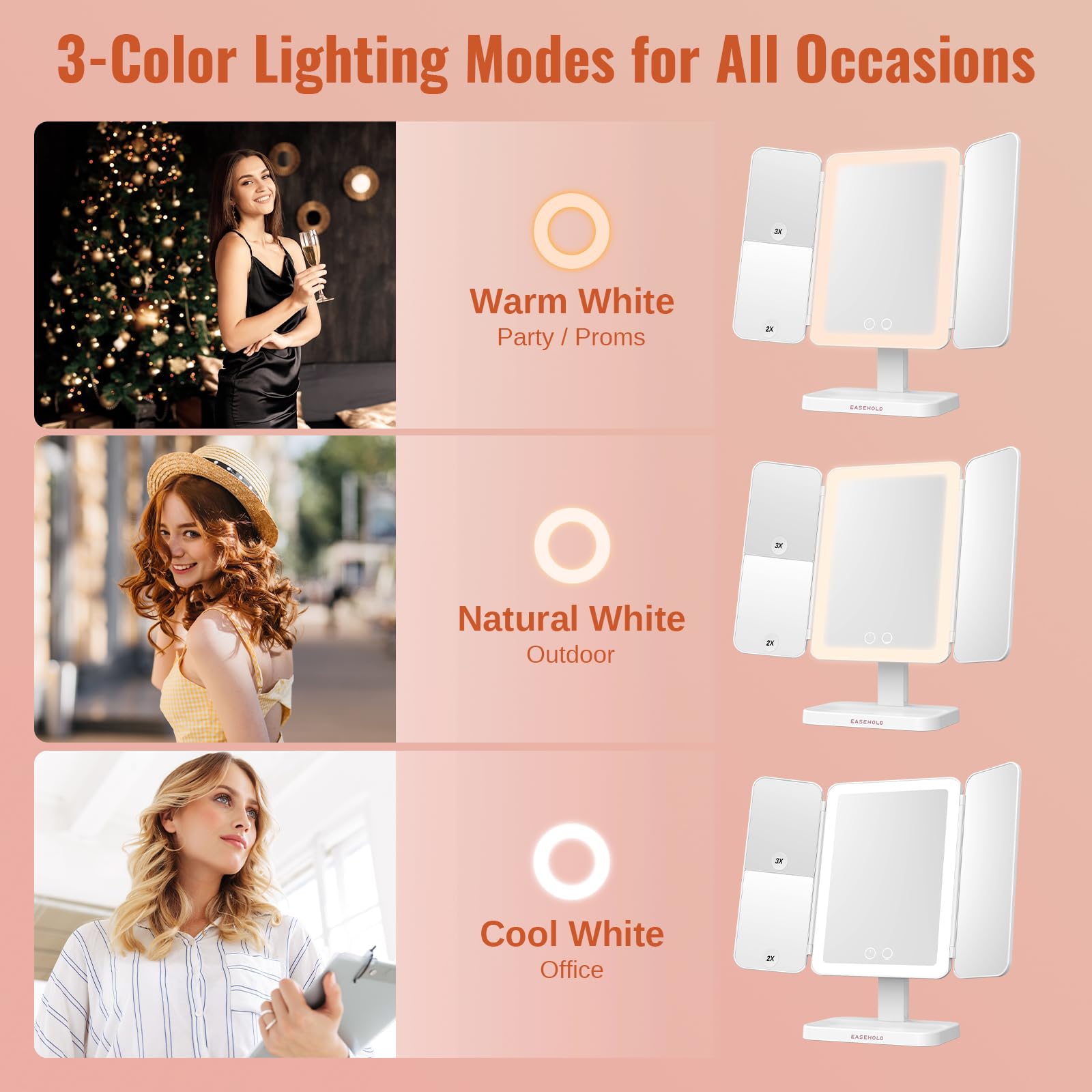 EASEHOLD mirror offers 3 color lights for day to night makeup