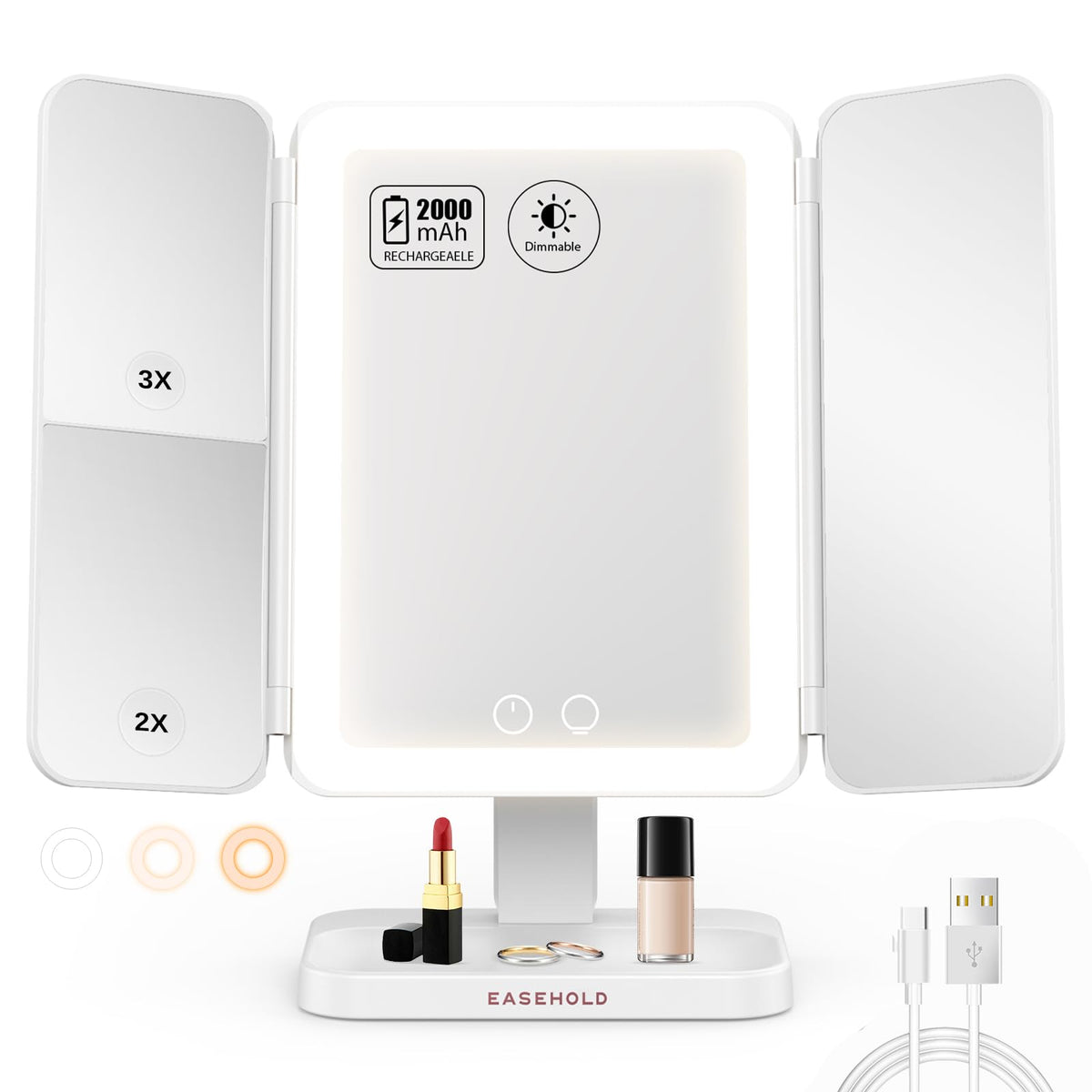 EASEHOLD lighted makeup mirror with 3x magnification for precise makeup application