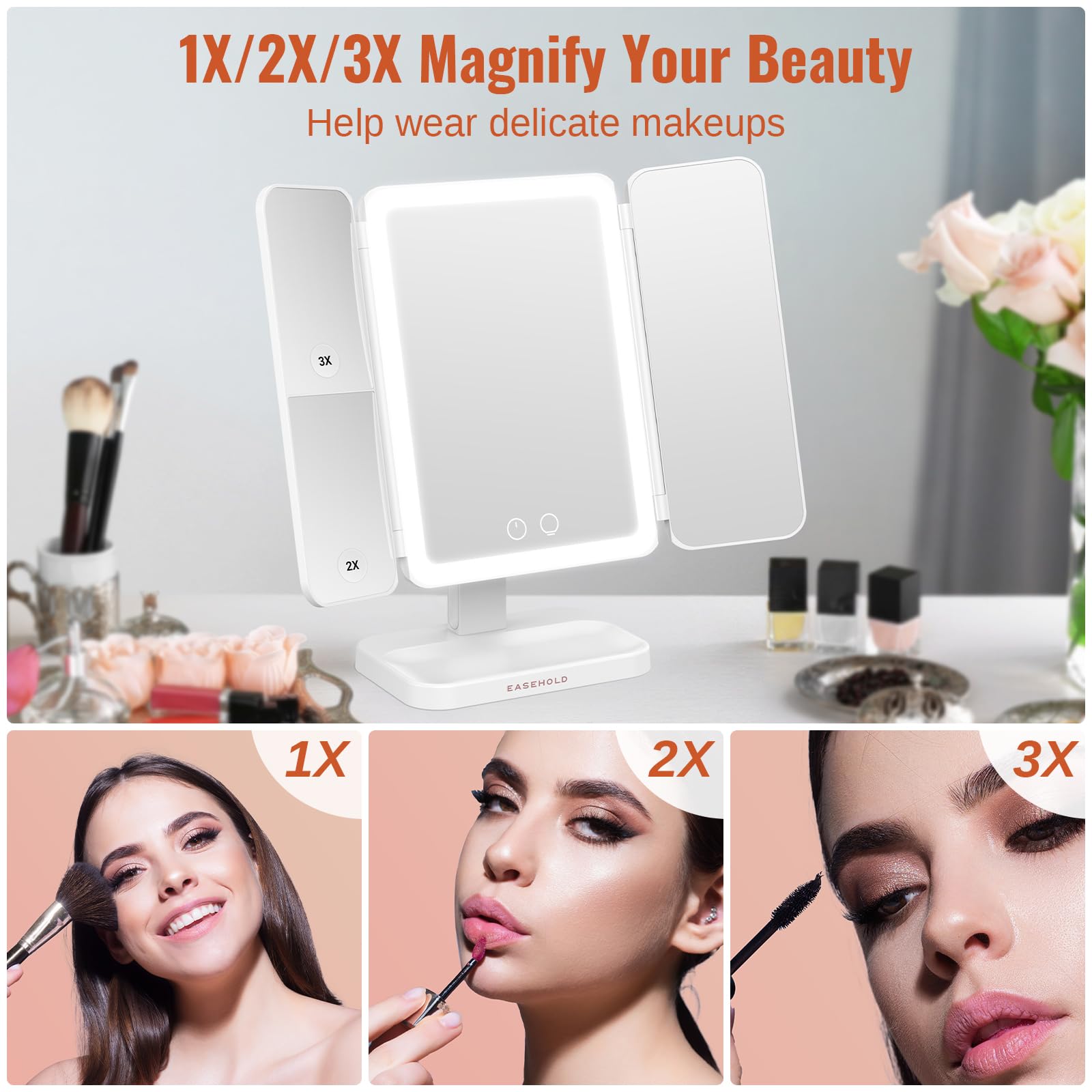 EASEHOLD mirror features 64 LEDs providing natural, eye-friendly illumination