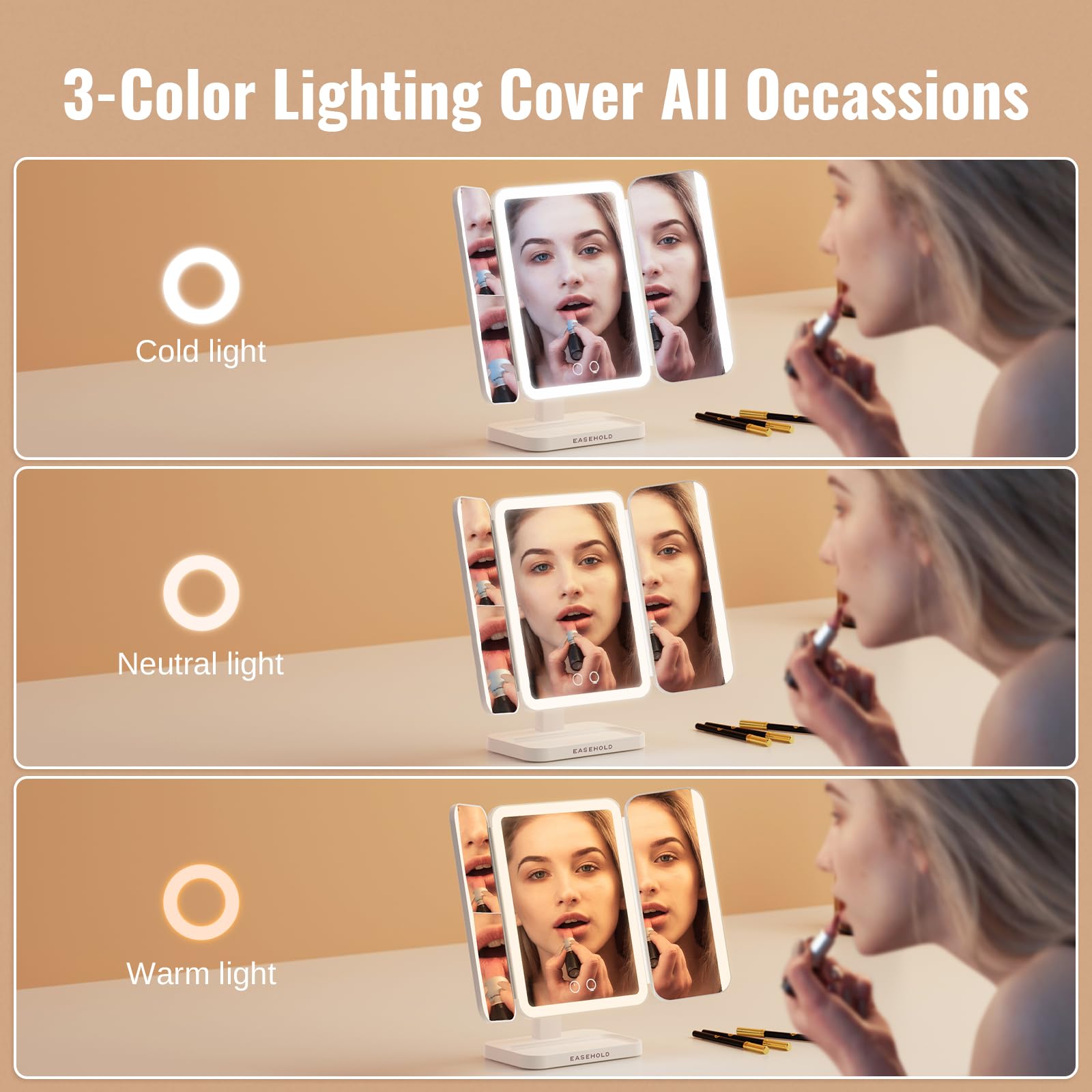 EASEHOLD makeup mirror 1x magnification for broad, comfortable view.