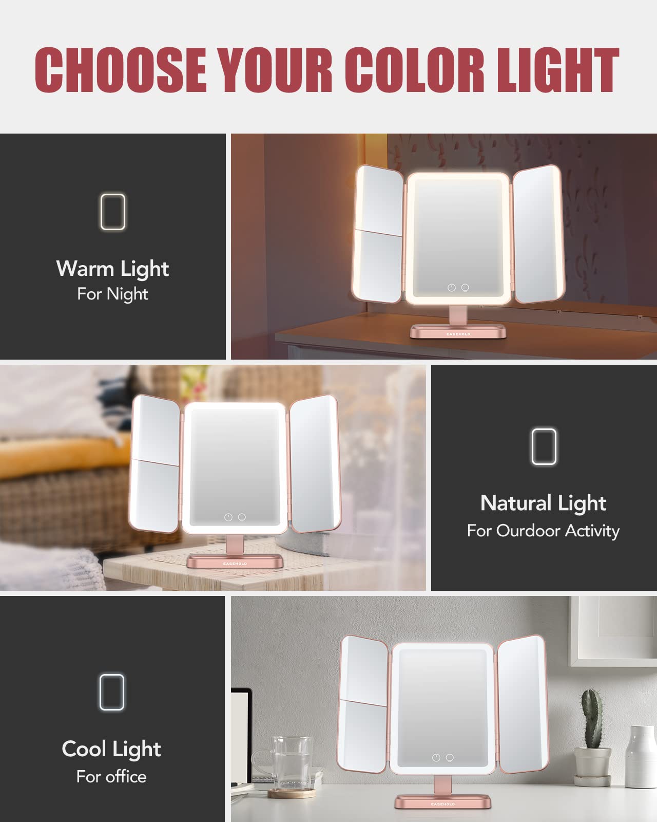 EASEHOLD vanity mirror 270-degree viewing for flexible angles during application