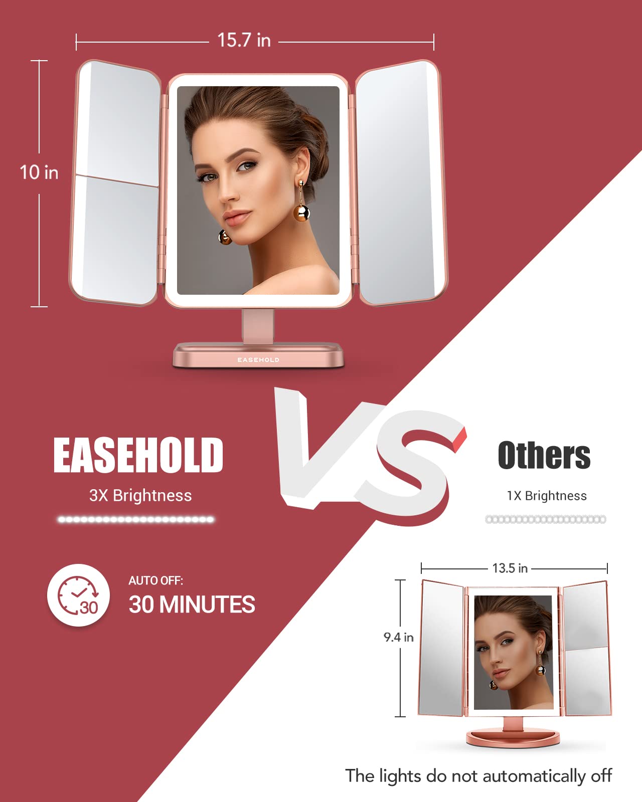 EASEHOLD vanity mirror with 3-color lighting options for true-to-tone results