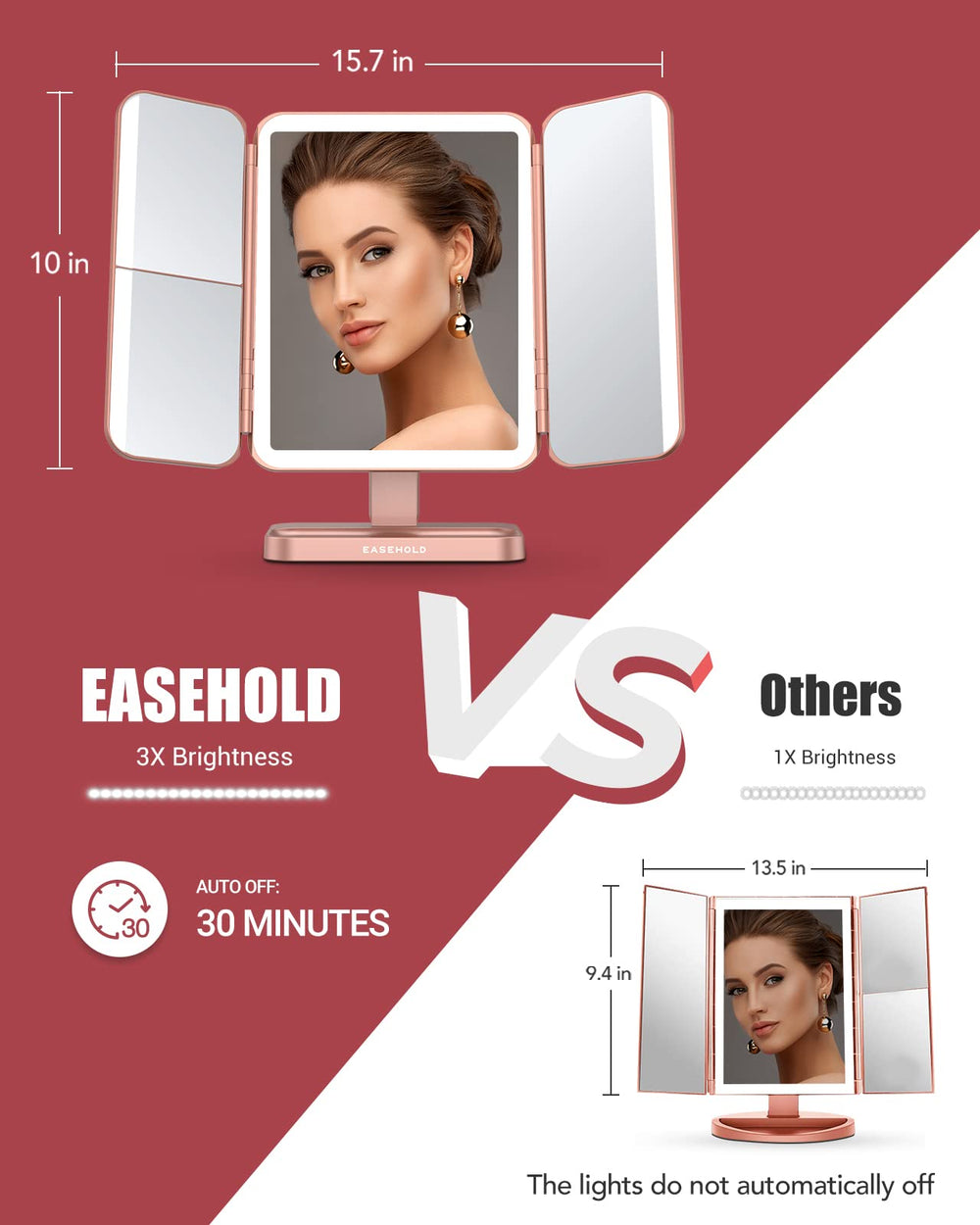 EASEHOLD vanity mirror with 3-color lighting options for true-to-tone results