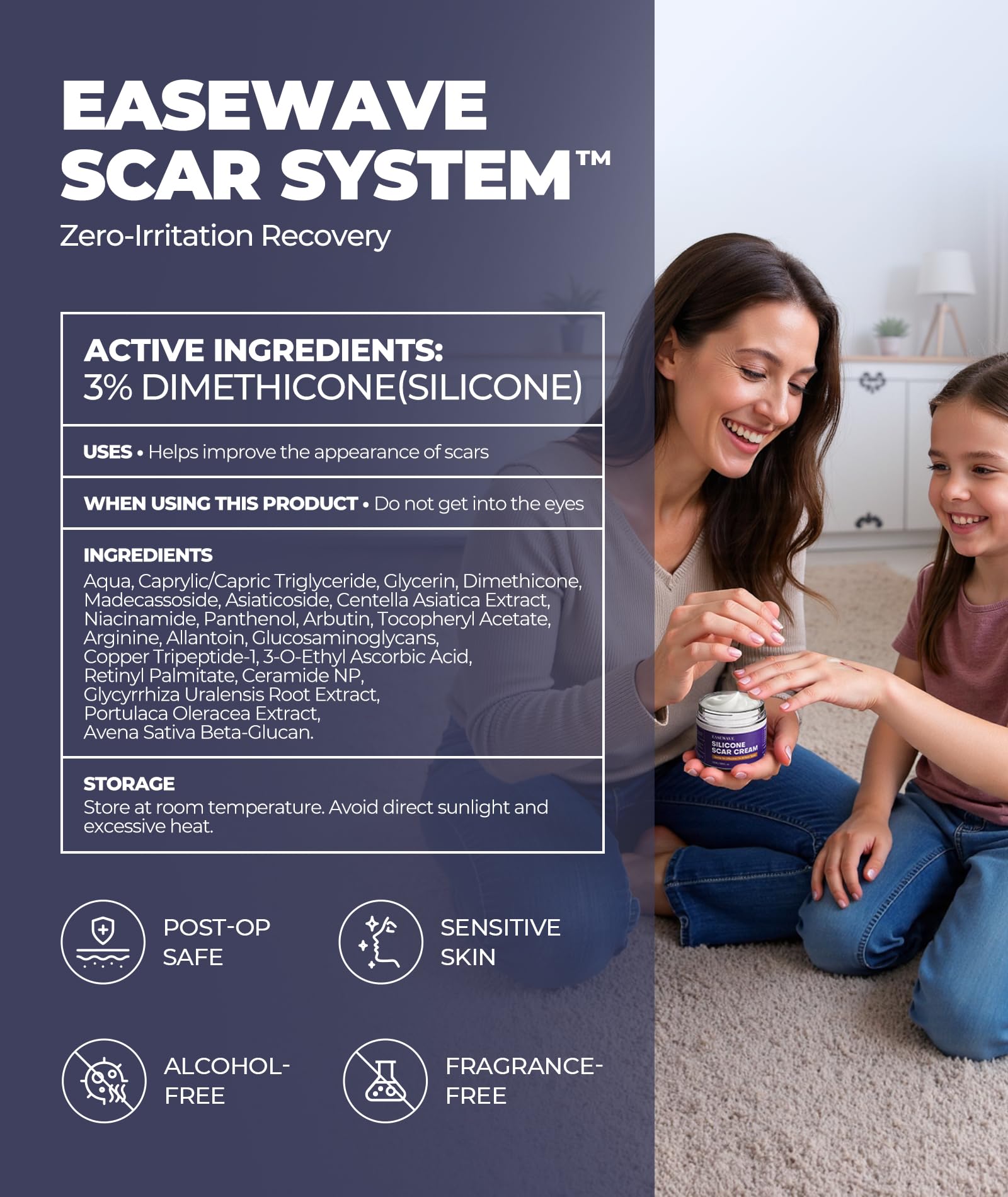 EASEWAVE fragrance-free scar cream conveys gentle, irritation-free care for sensitive skin