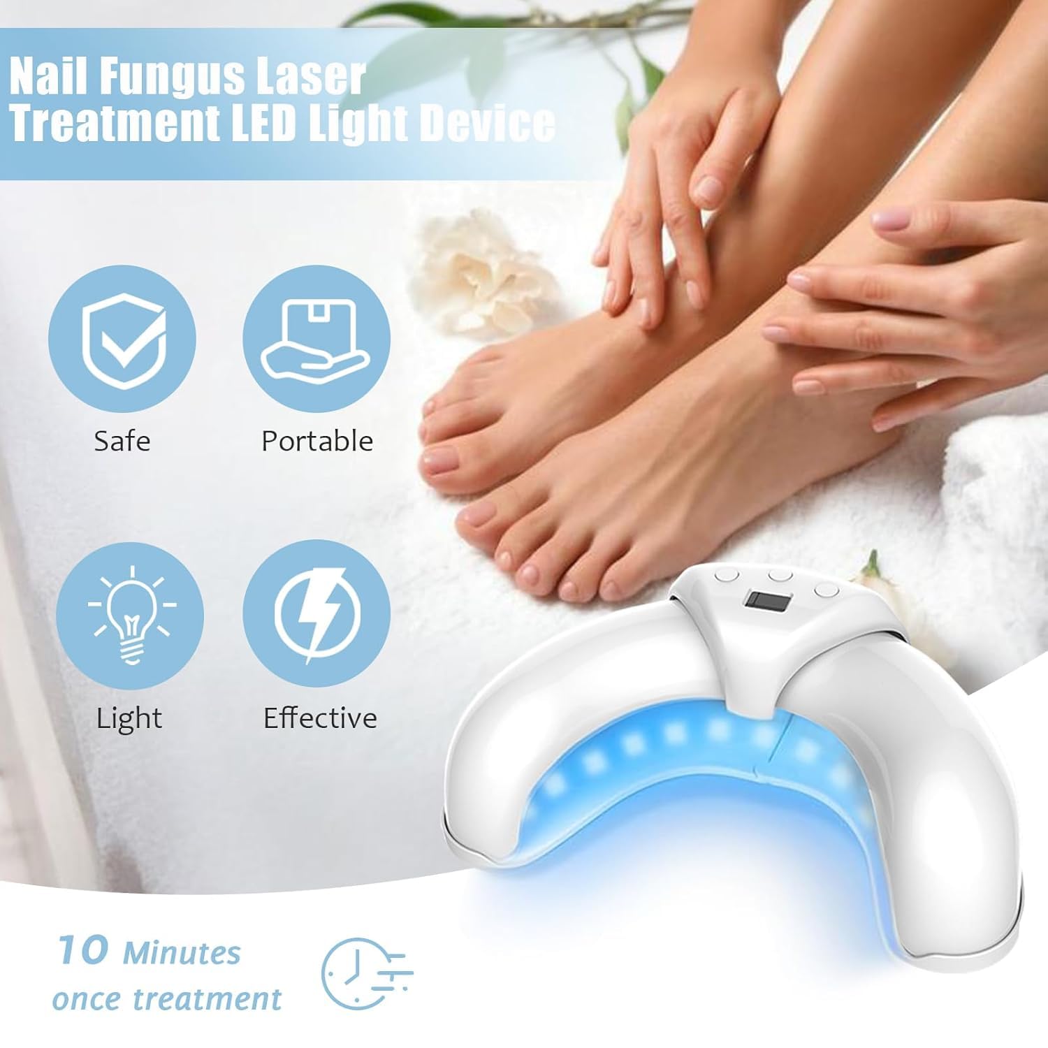 Easheal Nail Fungus LED light device hand-use demonstrates portable therapy for toenails.