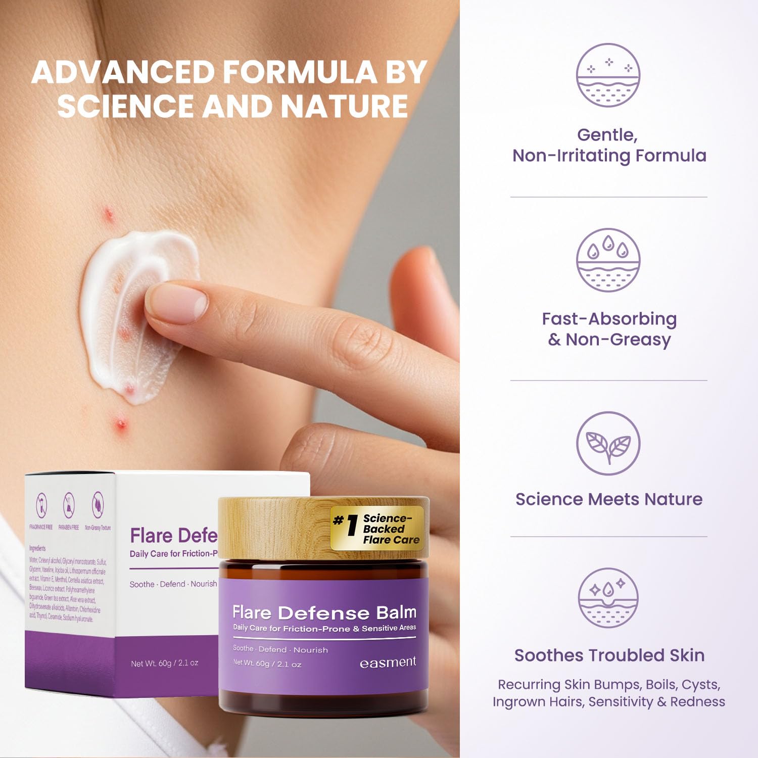 Easment daily-care-routine image conveys easy, non-messy application for flare-prone skin.