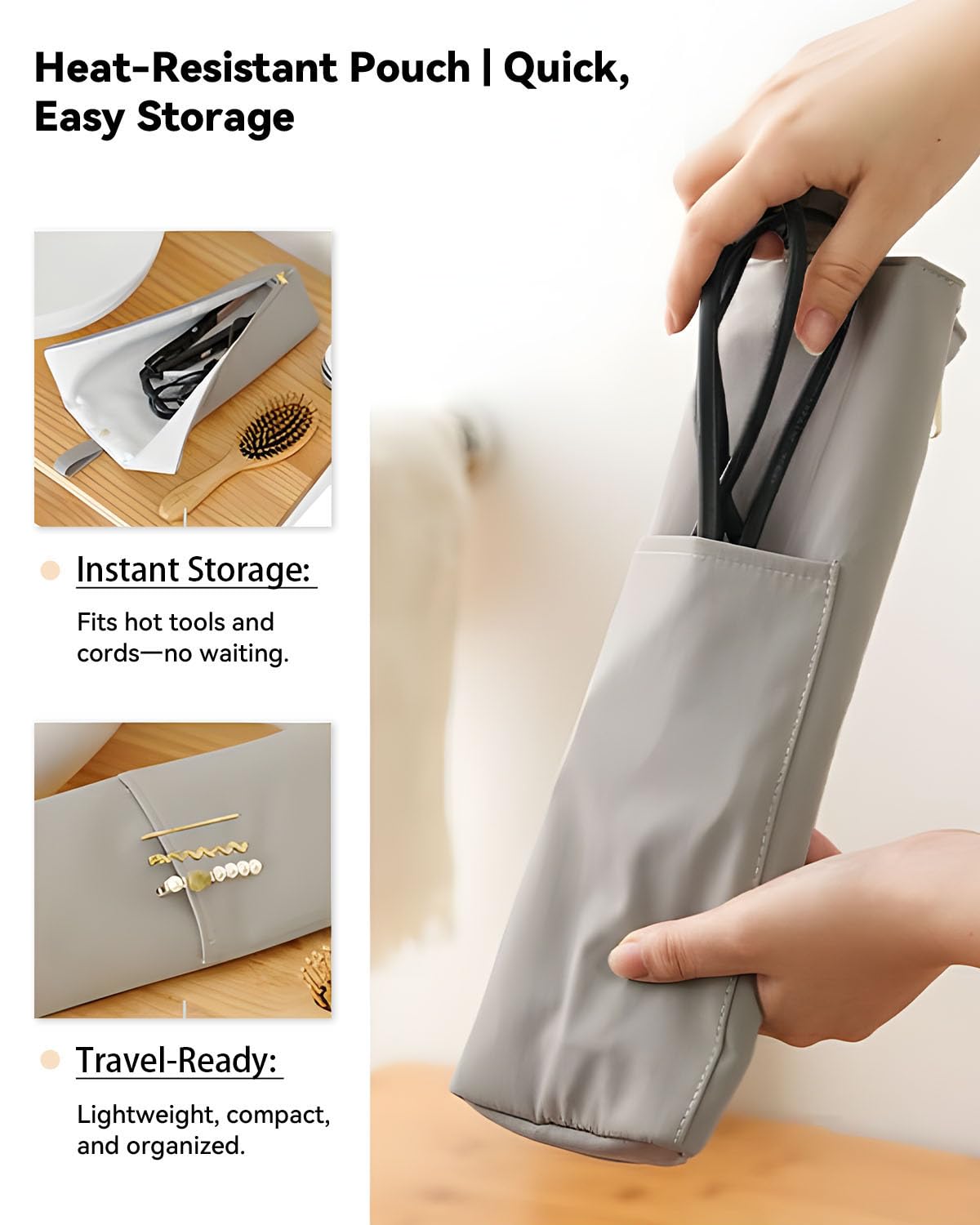 Easy-U flat-iron-holder tidy-countertop keeps vanity organized after styling.