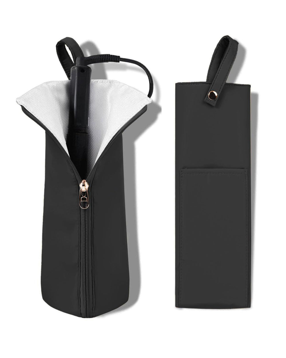 Easy-U hot iron holder shows heat-resistant lining for safe storage of hot tools.