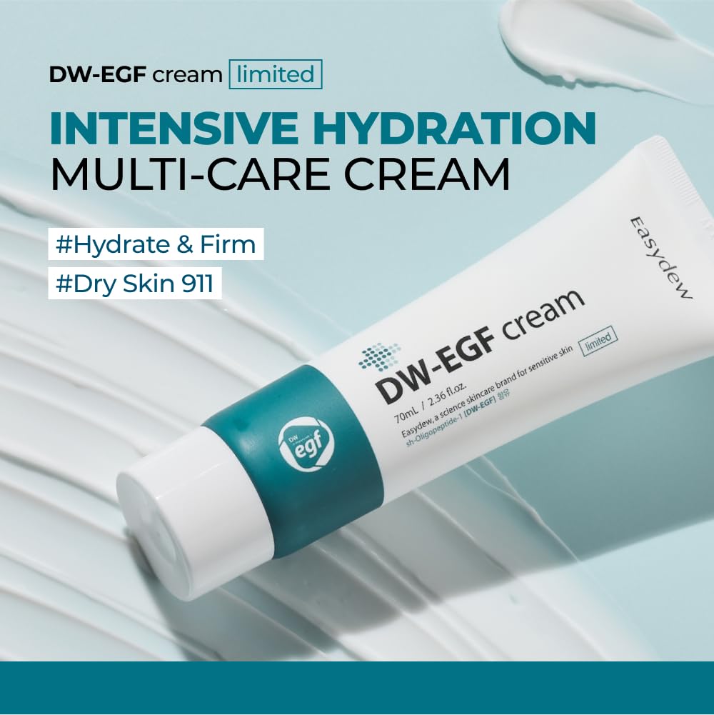 EASYDEW DW-EGF Cream application on face demonstrates quick absorption.