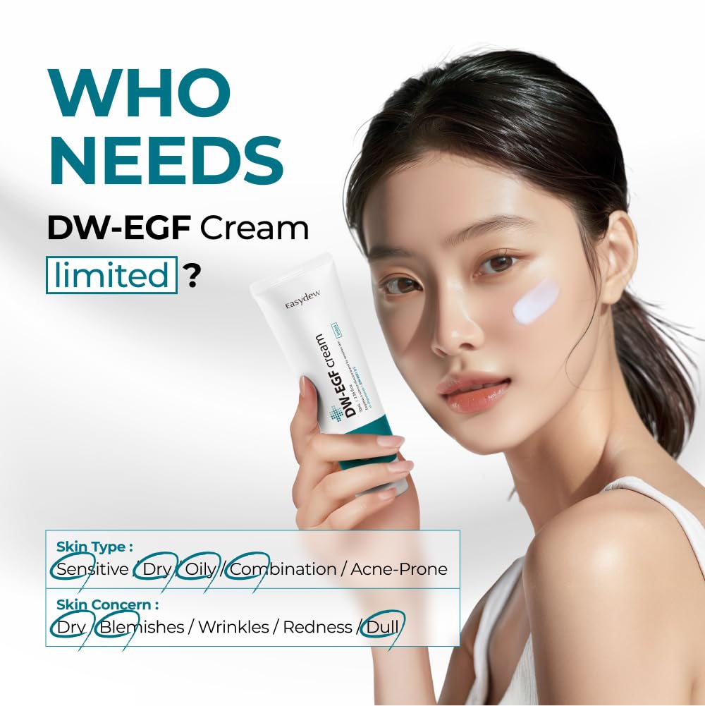 EASYDEW DW-EGF Cream texture swatch highlights lightweight, non-greasy hydration.