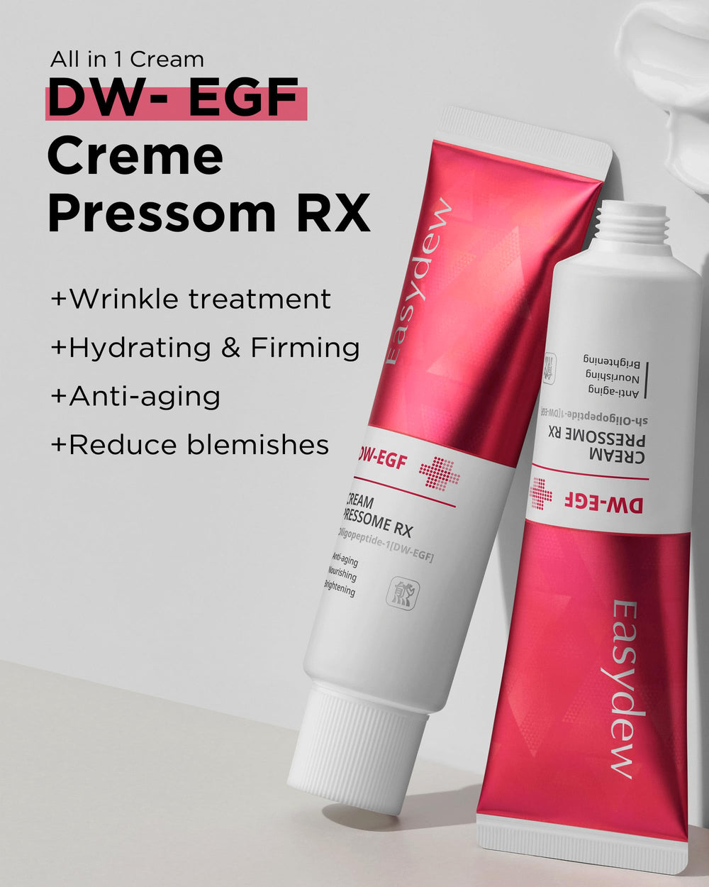 EASYDEW DW-EGF Pressome Cream texture close-up—rich, nourishing feel for firm-looking skin.