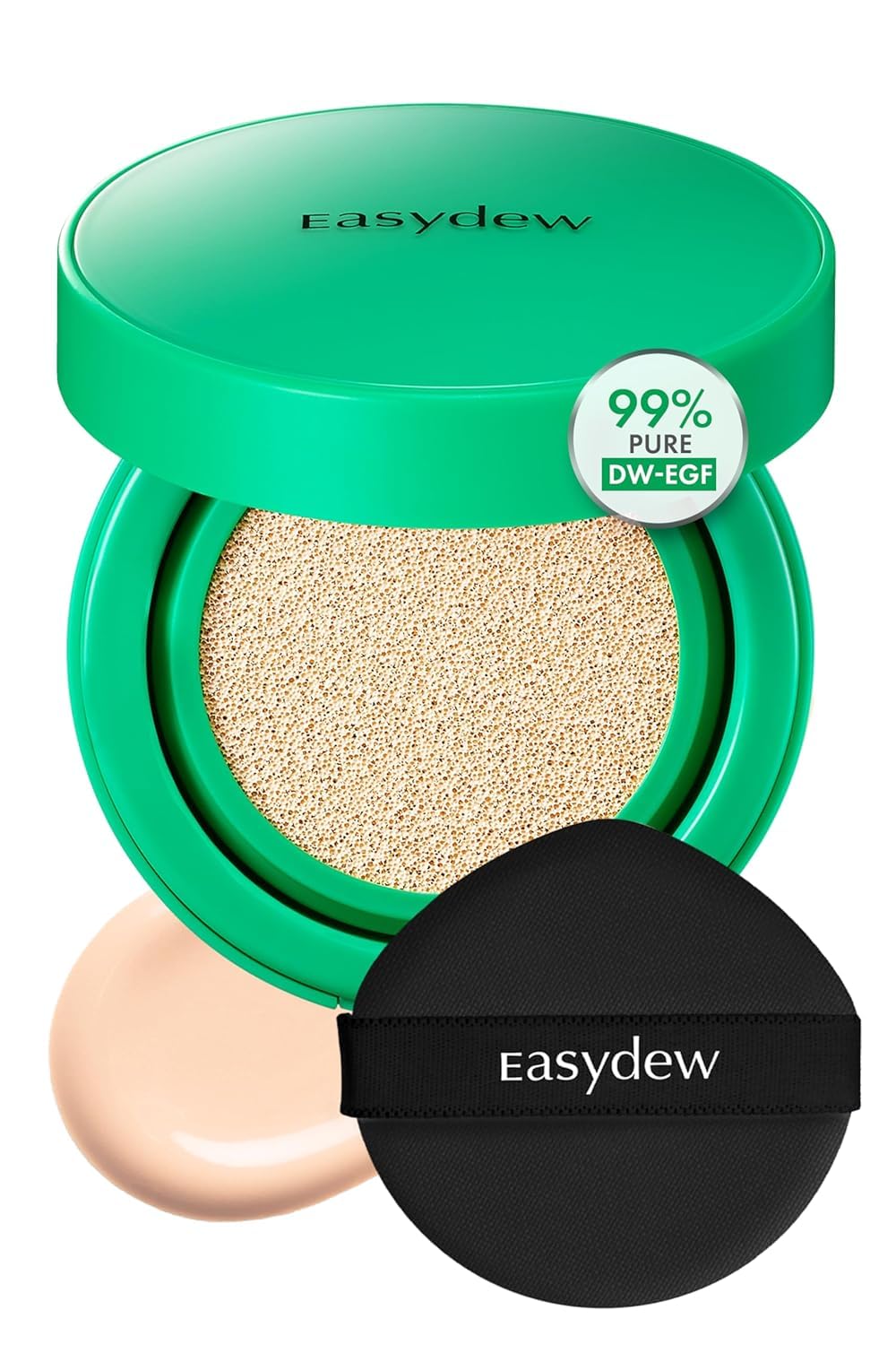 Easydew Mela B cushion compact open shows quick, balanced skin tone and portable skincare-makeup