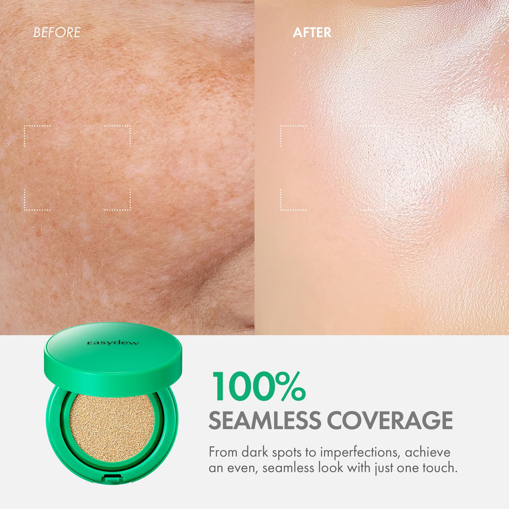 EASYDEW Mela B Cushion swatch demonstrates buildable coverage and hydration.
