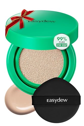 EASYDEW Mela B cushion compact application showing smooth blend for natural coverage.