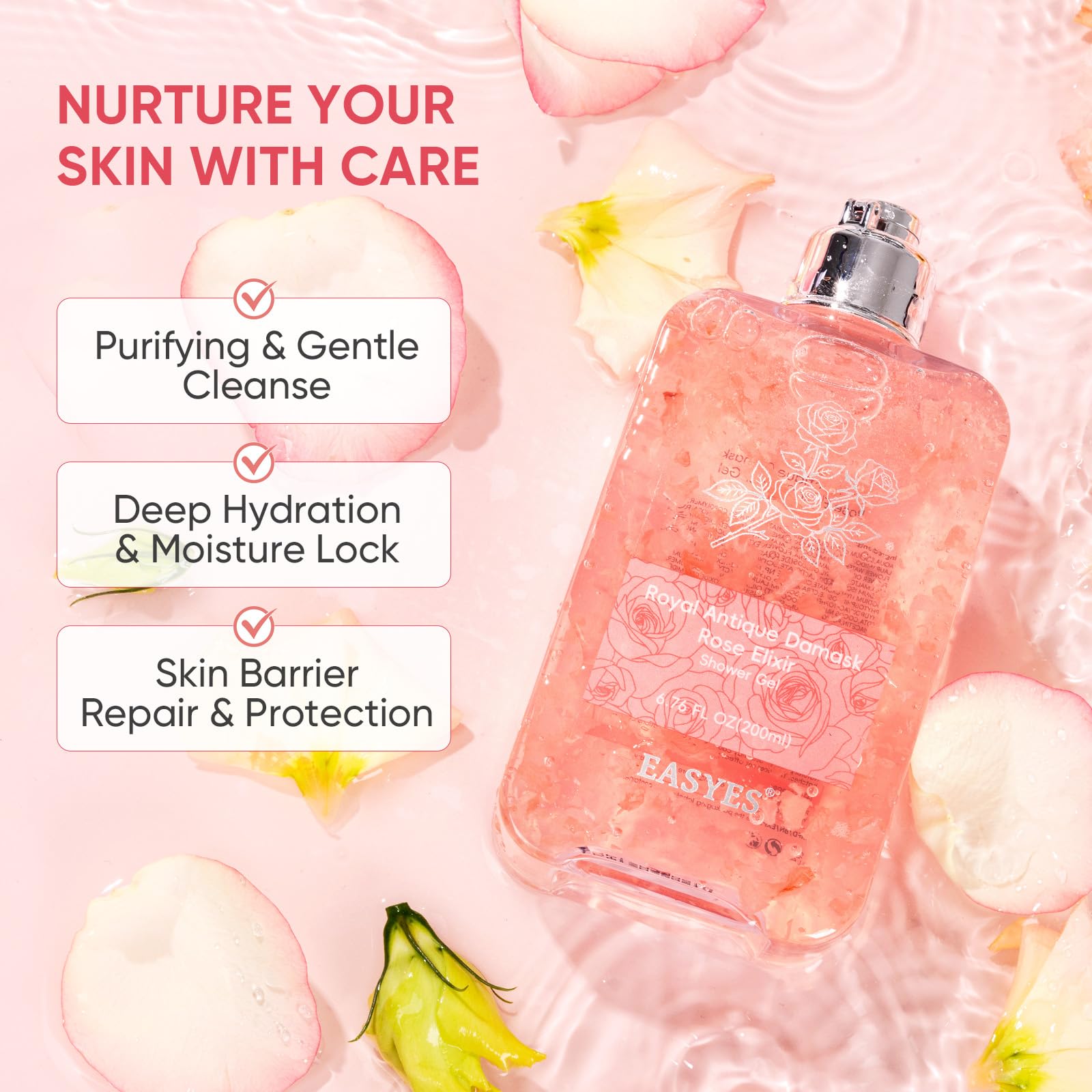 Easyes Rose Elixir Bottle Back Label showing ingredients for gentle cleansing.