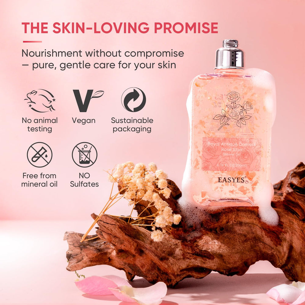 Easyes Rose Elixir Coconut Oil Glow showing nourishing moisture post-rinse.