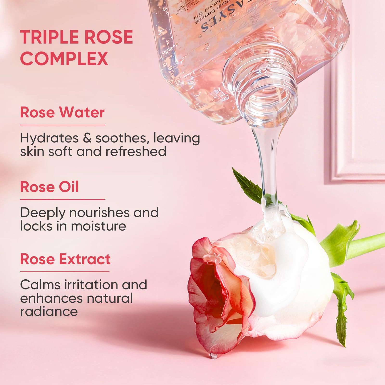 Easyes Rose Elixir Rose Petals Detail emphasizing real rose infusion and scent.