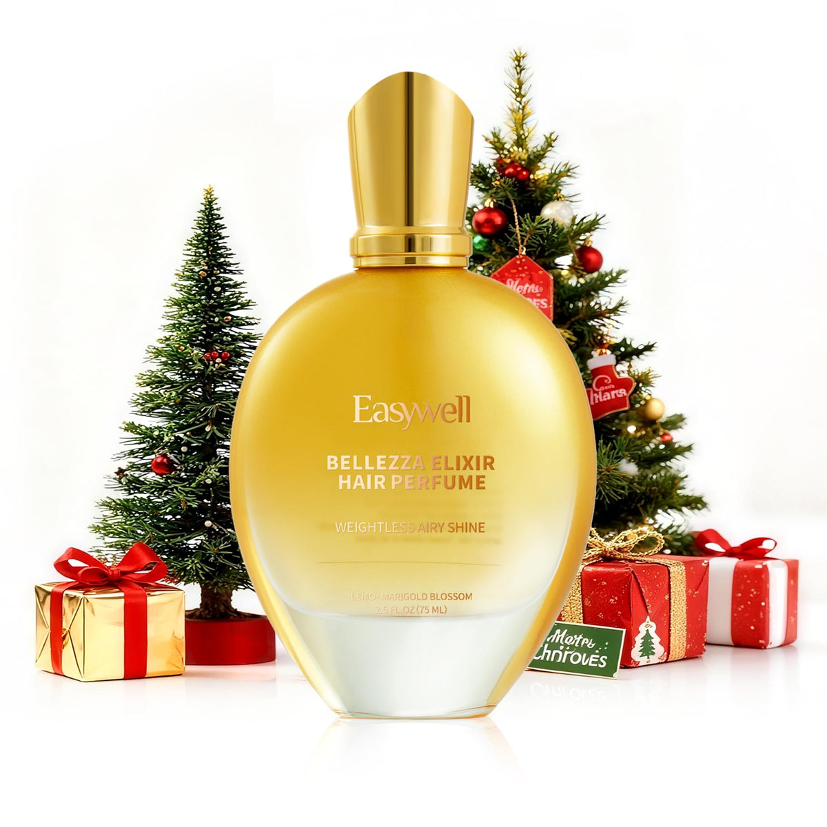 EASYWELL hair perfume bottle closeup with lemon-marigold scent for refreshed hair