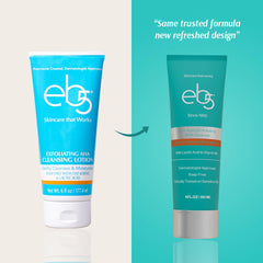 eb5 Exfoliating AHA Cleansing Lotion bottle and logo closeup emphasizes soap-free, non-drying formula.