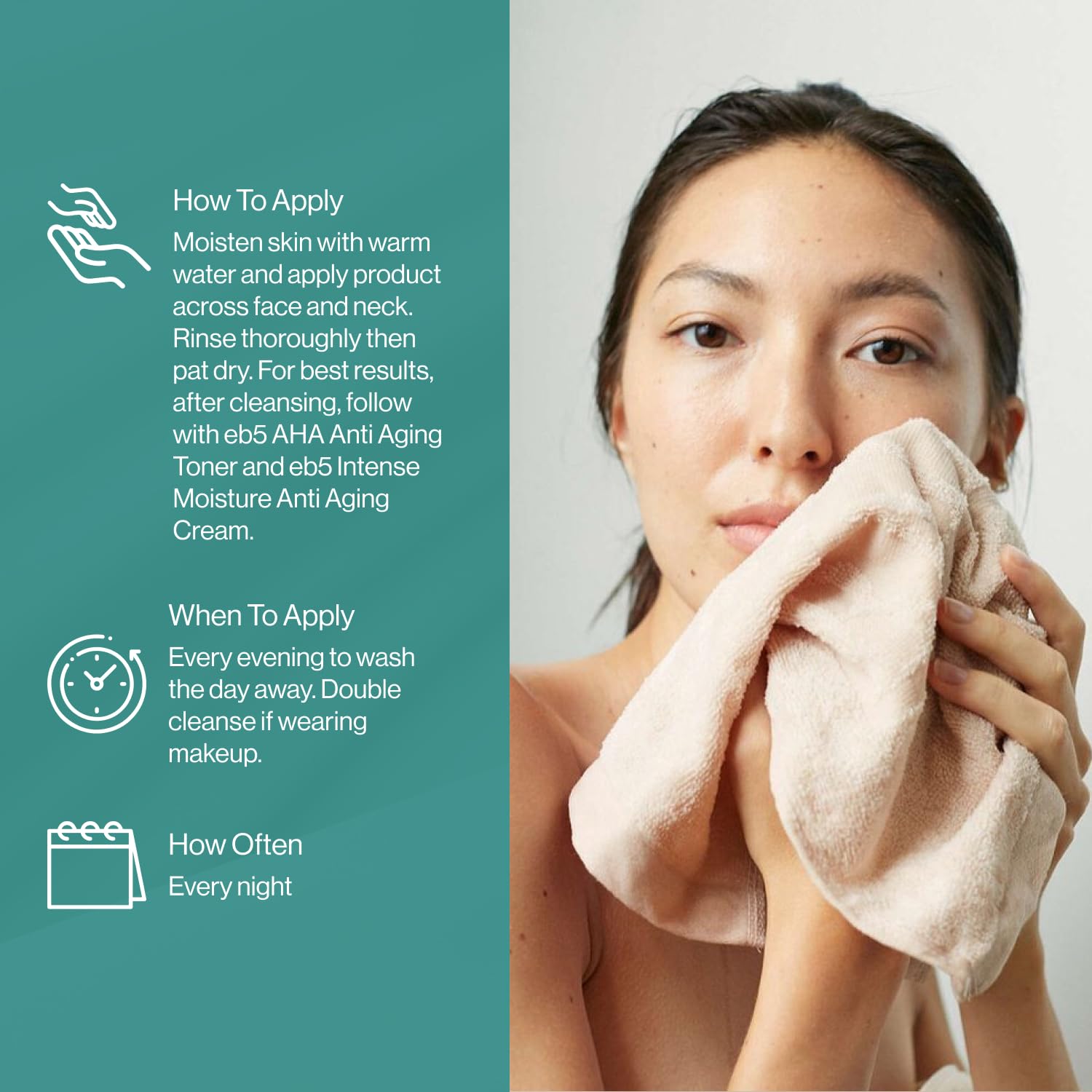 eb5 Exfoliating AHA Cleansing Lotion in-use scene demonstrates mild exfoliation and brightening effect.