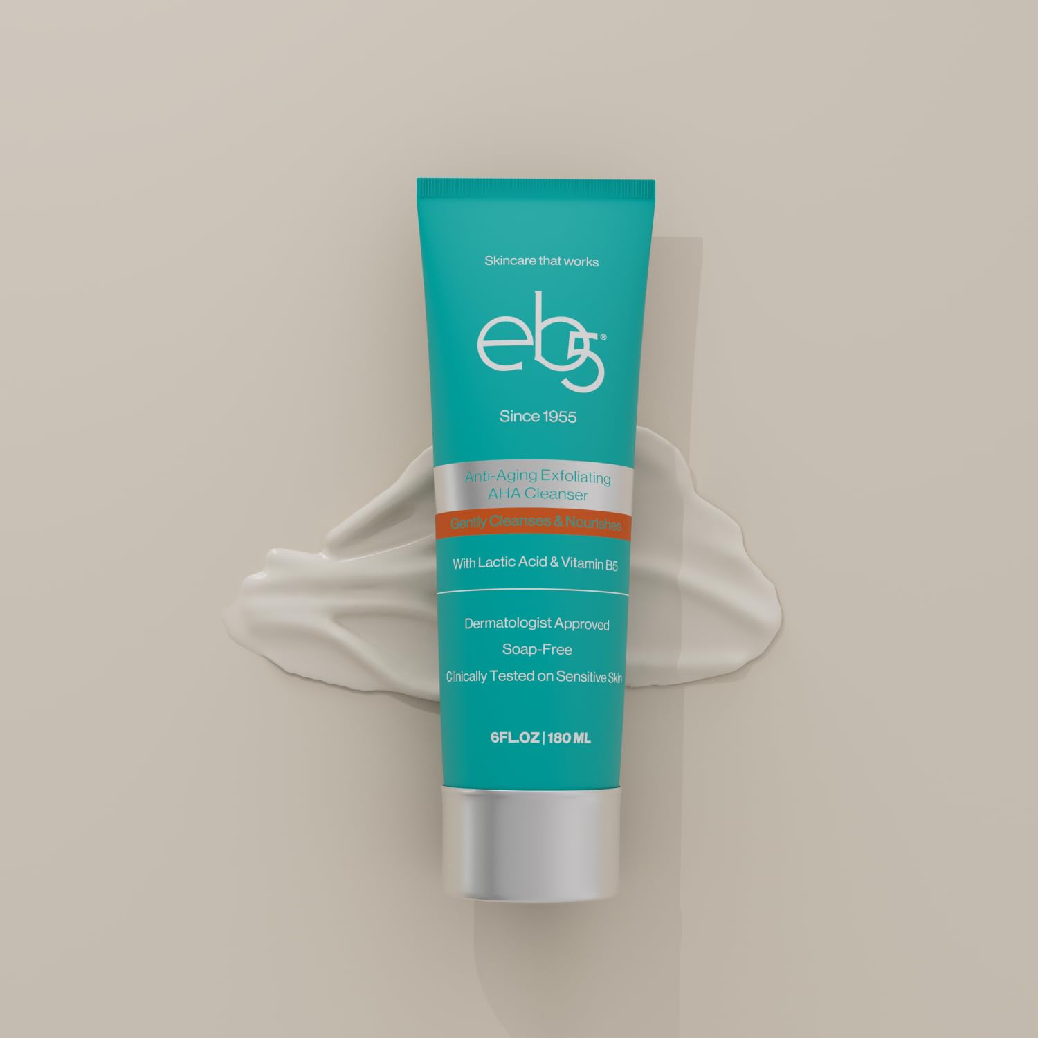 eb5 Exfoliating AHA Cleansing Lotion USA-made seal on packaging signals quality and safety.