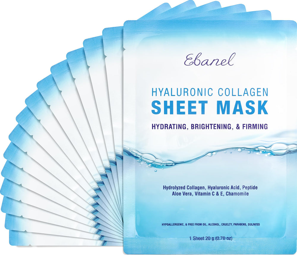 Ebanel 15-pack collagen mask close-up showing hydrated, dewy skin
