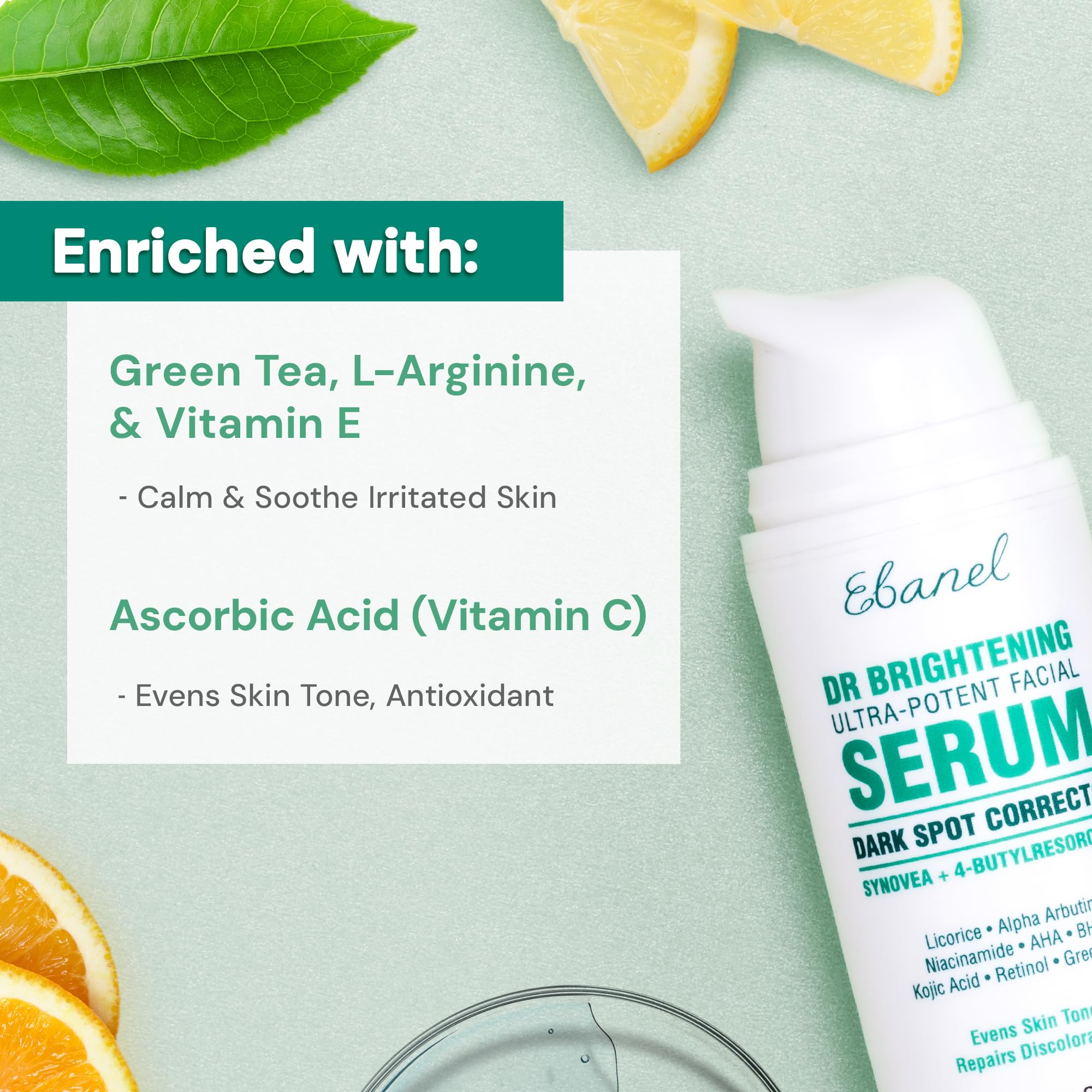 Ebanel brightening serum packaging closeup reinforces USA-made quality and cruelty-free claims