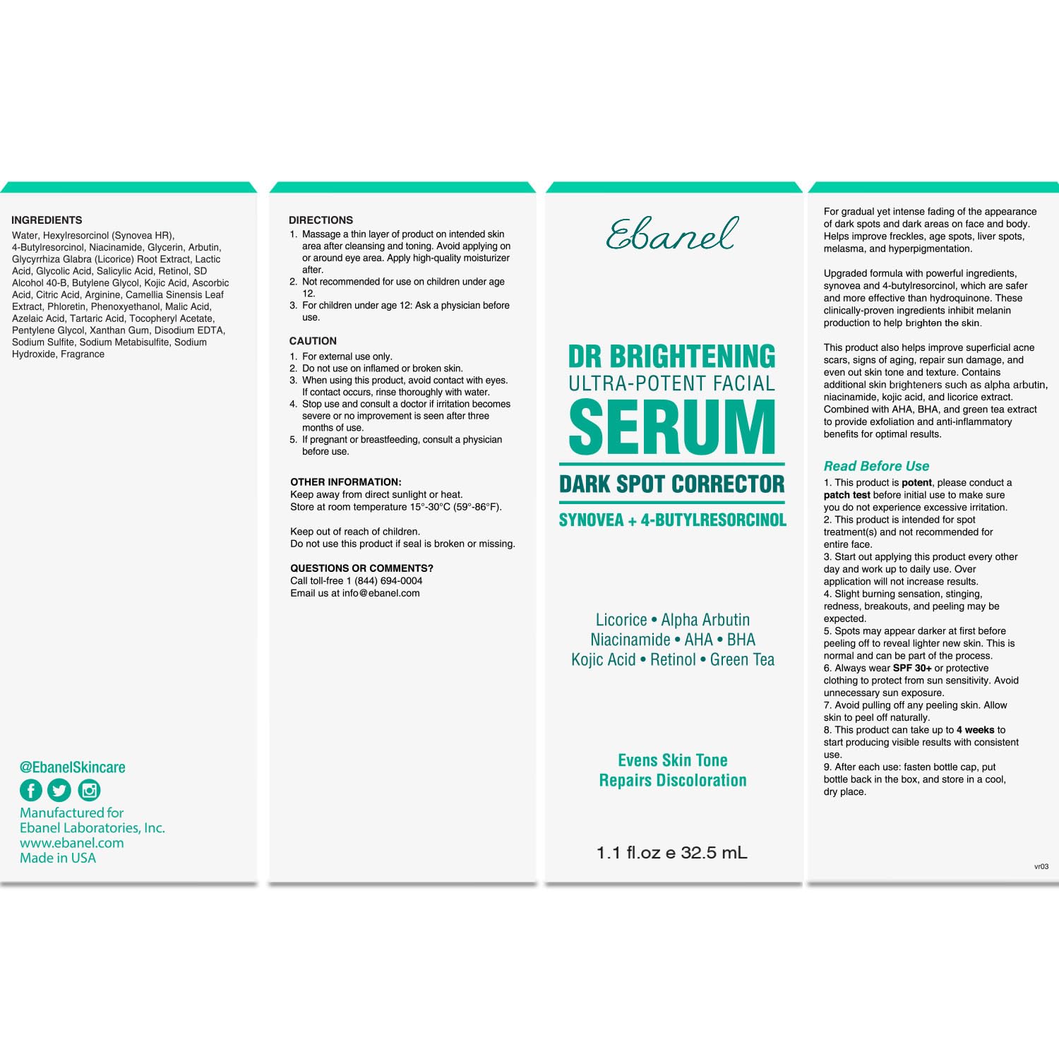 Ebanel dark spot serum ingredient panel showcases glycolic, salicylic, and kojic acid for skin renewal
