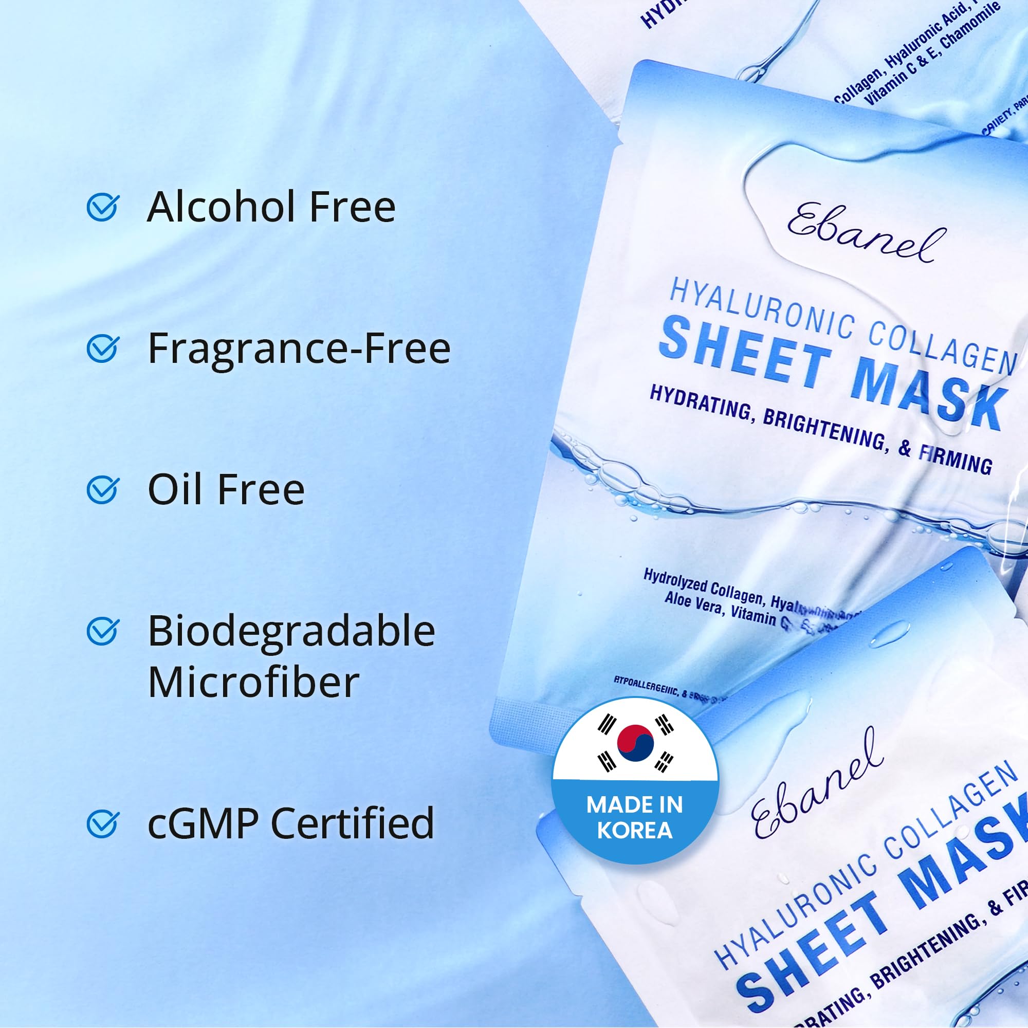 Ebanel Korean sheet mask packaging and ingredients emphasize clean, vegan-friendly skincare.