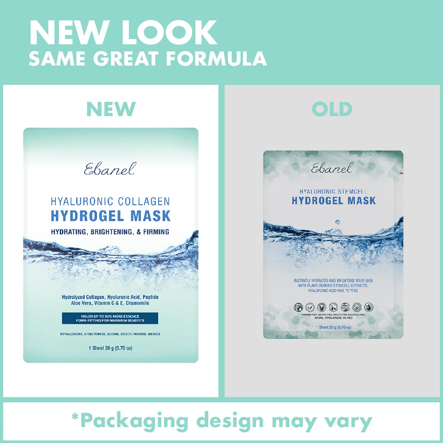 Ebanel hydrogel collagen mask with hyaluronic acid image highlights instant moisturized glow.