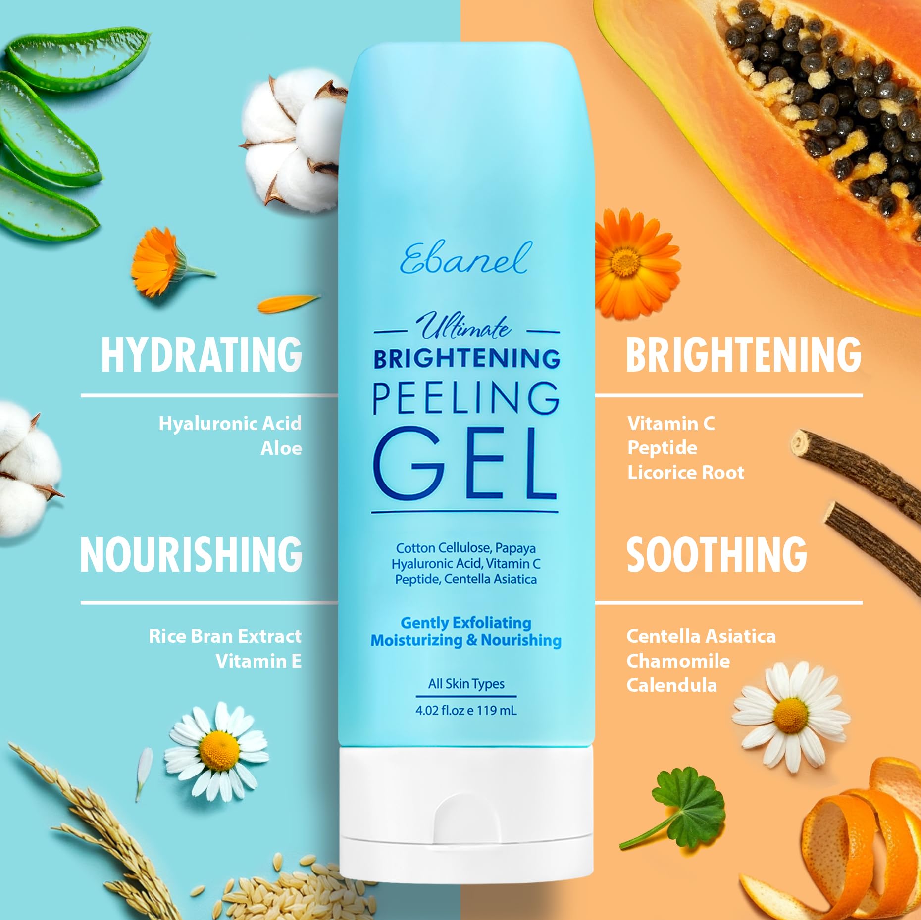 Ebanel peeling gel shows cotton cellulose micro-pills lifting dull skin for brighter tone.