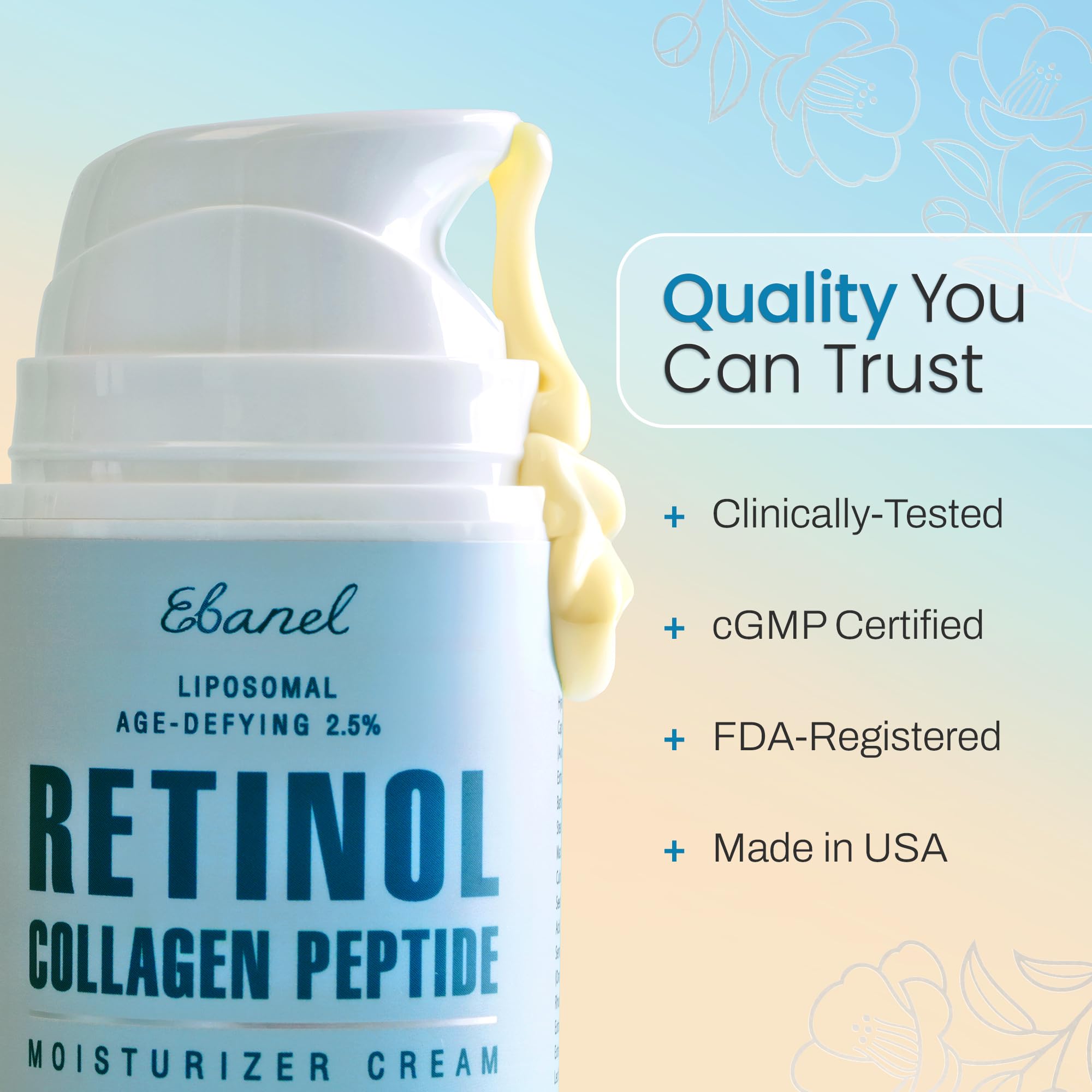 Ebanel Retinol Cream ingredients panel featuring ceramides for moisture and barrier support
