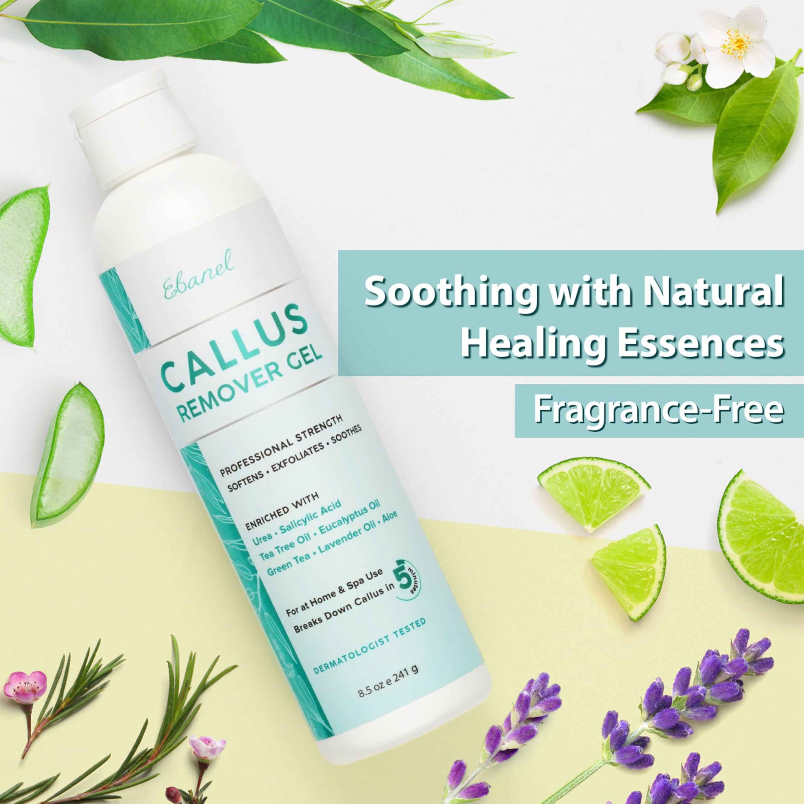 Ebanel tea tree and lavender oils closeup suggests soothing foot care benefits.