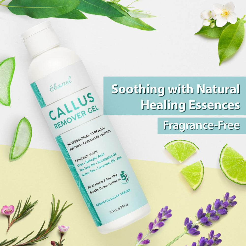 Ebanel tea tree and lavender oils closeup suggests soothing foot care benefits.