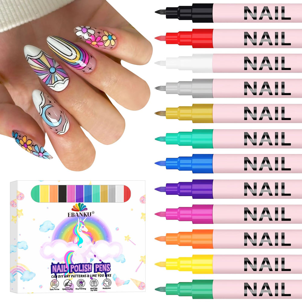 EBANKU 12-color nail art pens set with swatches for versatile DIY nails.