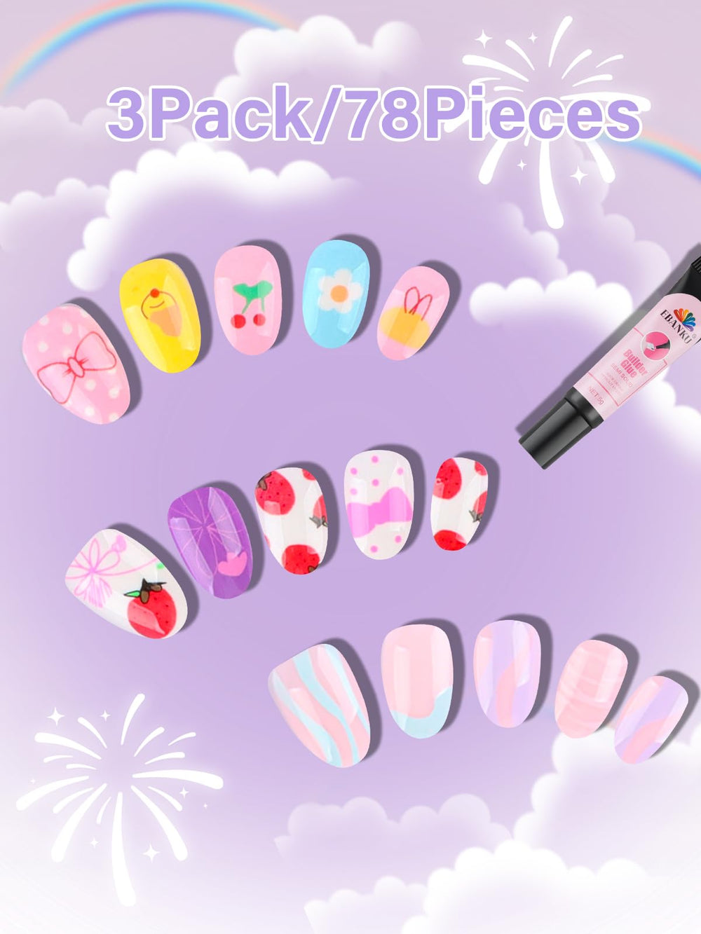 EBANKU kids press-on nails strawberry patterns for colorful design
