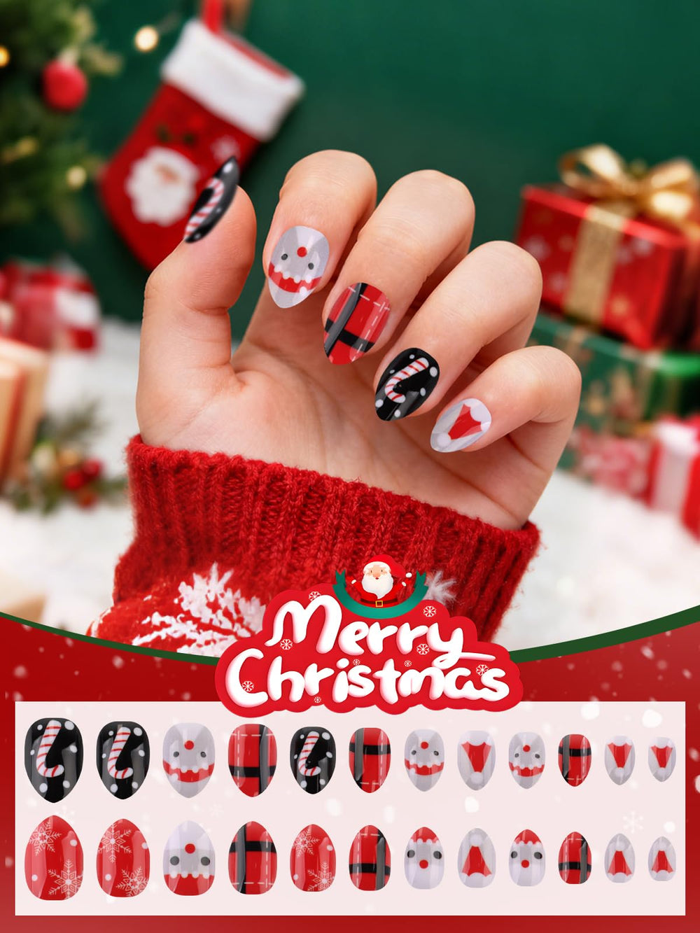 EBANKU Christmas full-cover nails showcase adorable designs for seasonal styling.