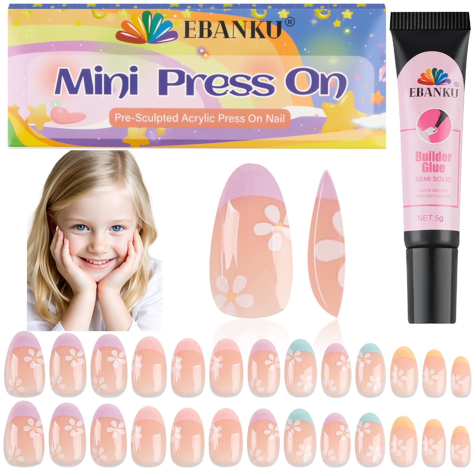 EBANKU kids press-on nails pink flower set closeup for quick, creative nail art ideas