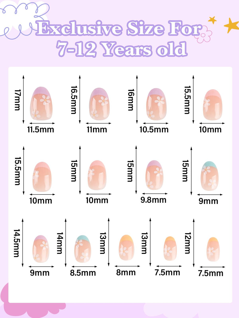 EBANKU kids press-on nails varied sizes 1-13 displayed for a precise fit